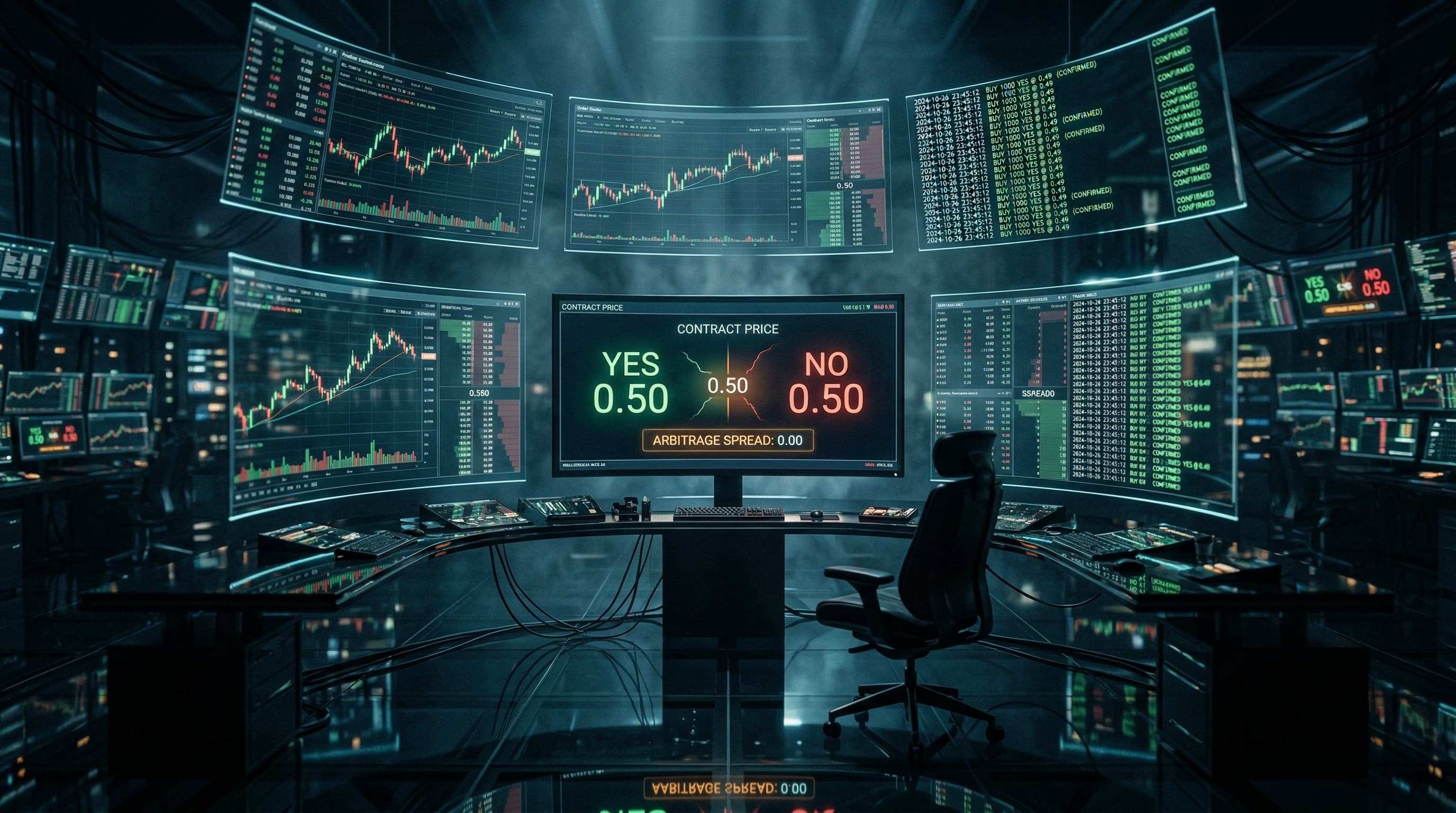 Futuristic automated trading command center with holographic screens displaying prediction market data and bot execution logs