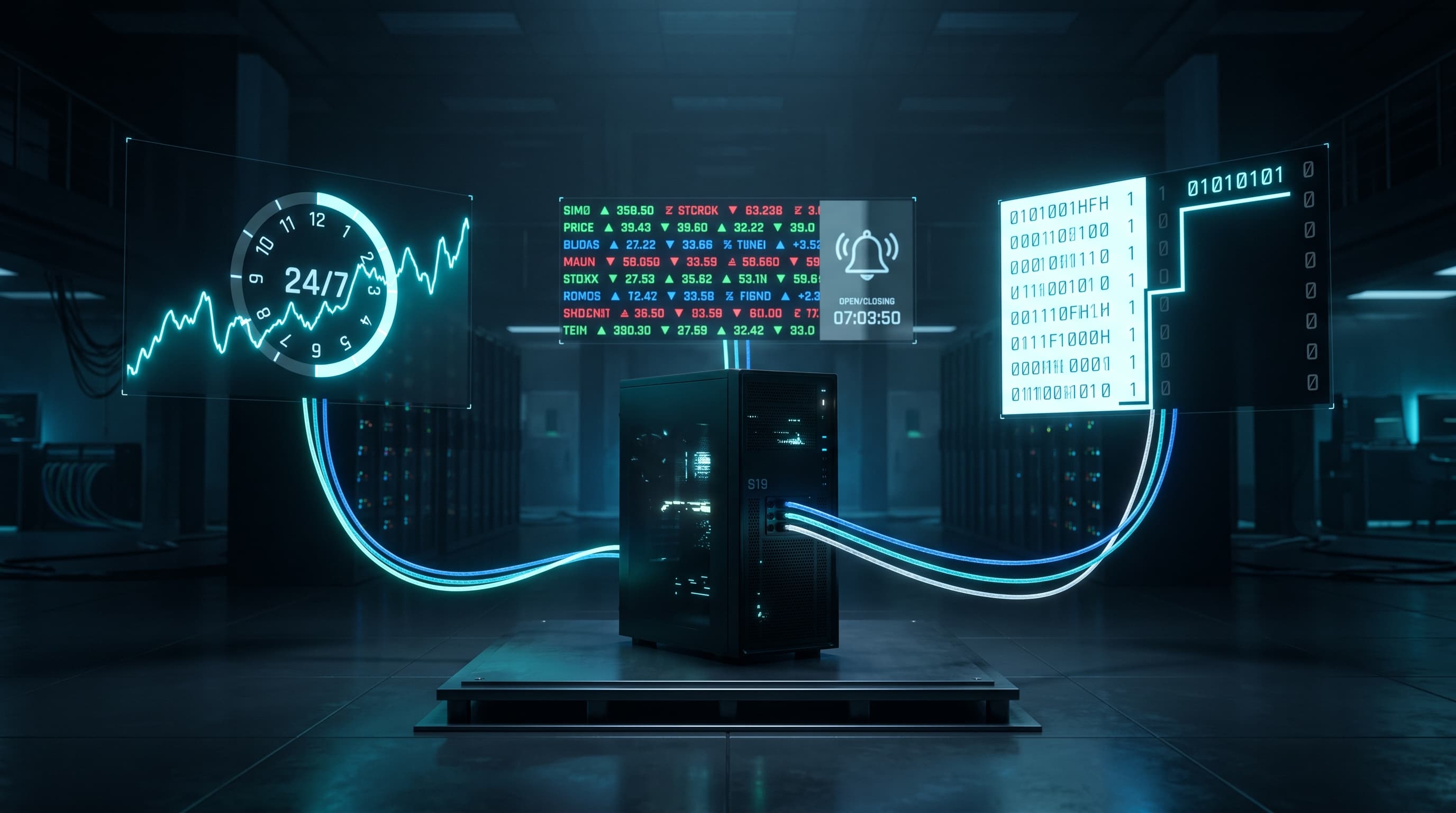 A trading server wired to three holographic displays: a crypto price line wrapped around a 24/7 clock, a stock ticker with a session bell, and a step-shaped binary payoff panel