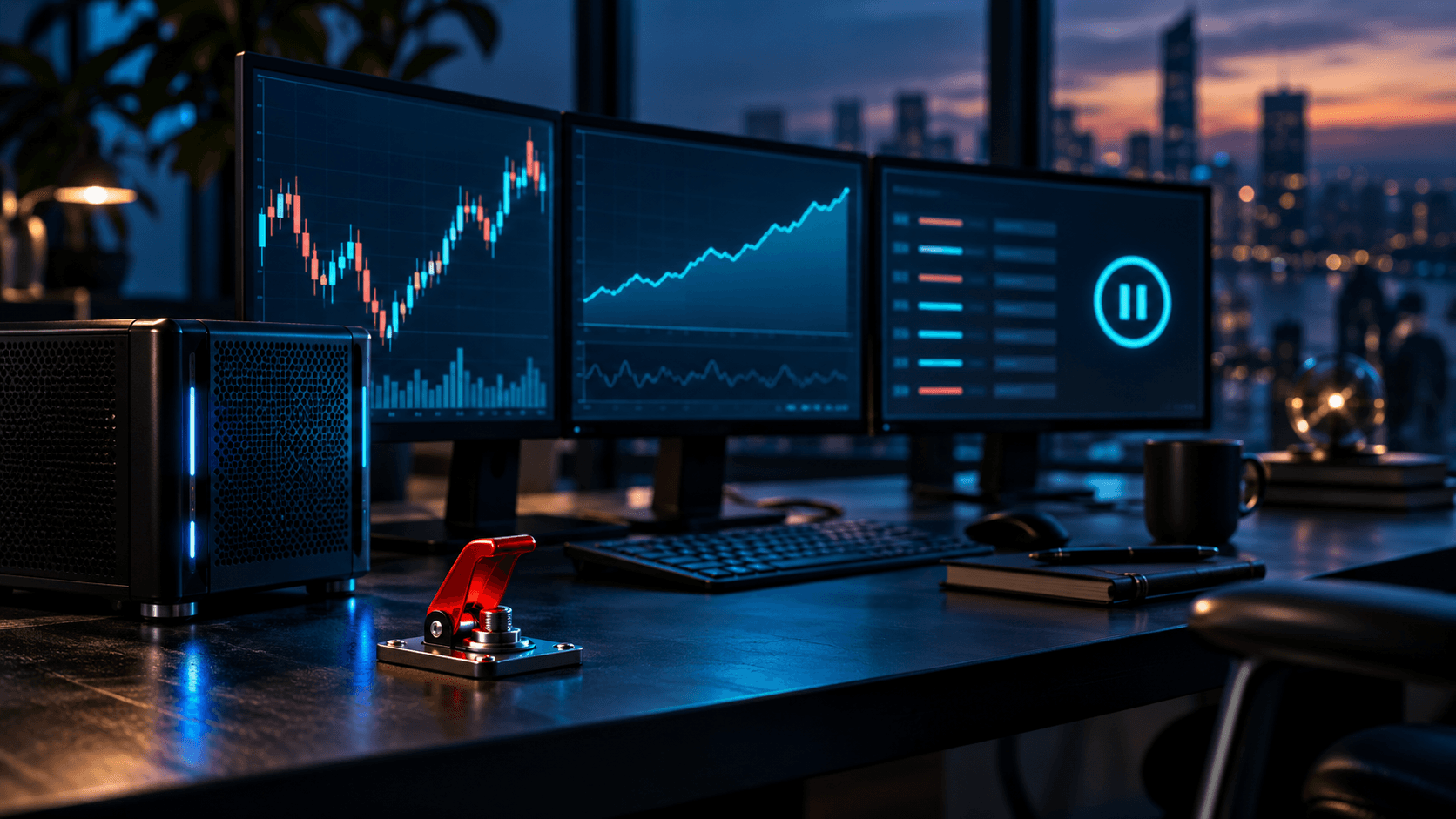 A dark trading desk with chart monitors, a paused order queue, and a red kill-switch toggle beside an automated trading server
