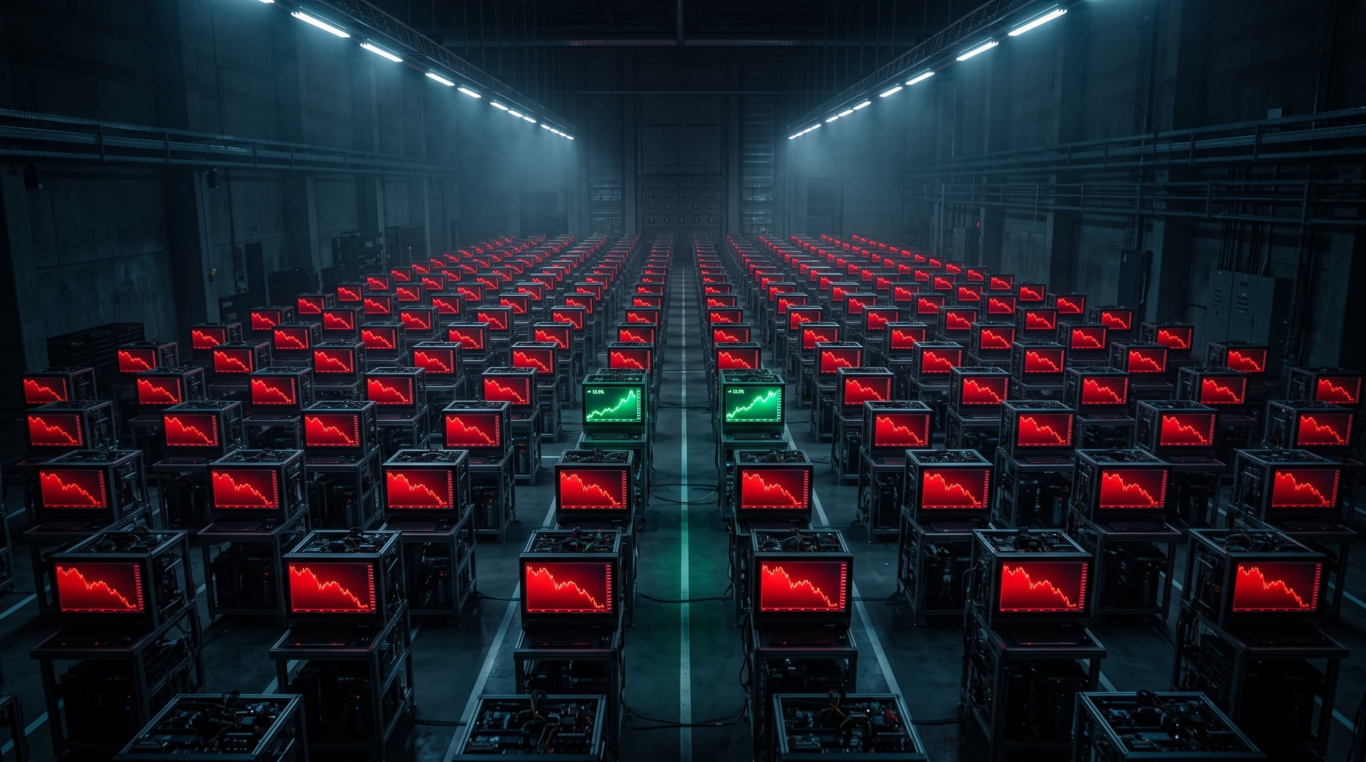 Hundreds of identical automated trading machines fill a dark hall, nearly all showing falling red equity curves, with only two glowing green