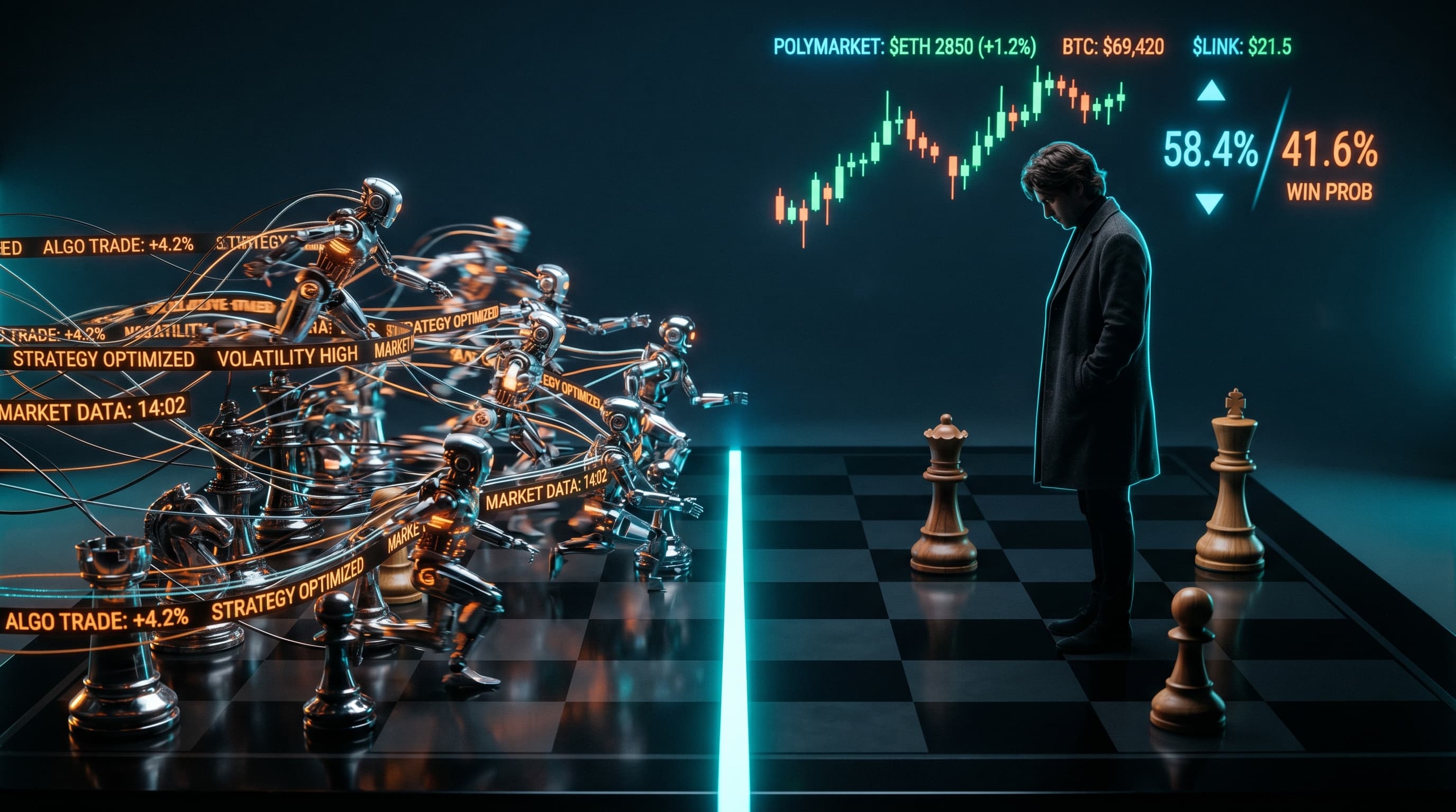 A dark editorial-style image of a chessboard split in two — autonomous robotic pieces lit by streams of data on one side, a single contemplative human silhouette in cyan light on the other, representing the build-or-defend choice for prediction market traders facing AI agent dominance