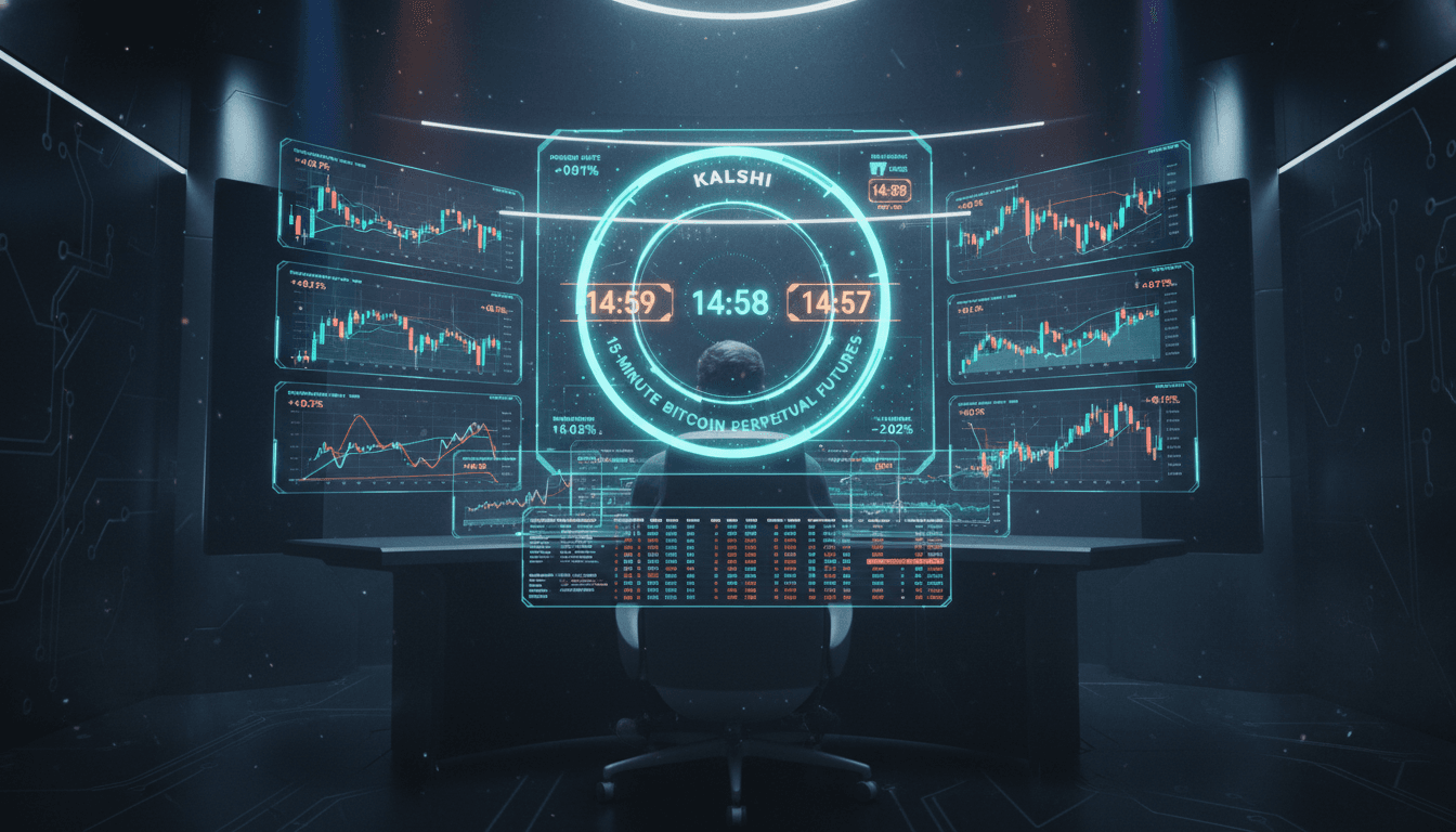 Trading command center displaying live Kalshi crypto perpetual futures interface with Bitcoin price charts and 15-minute contract countdowns