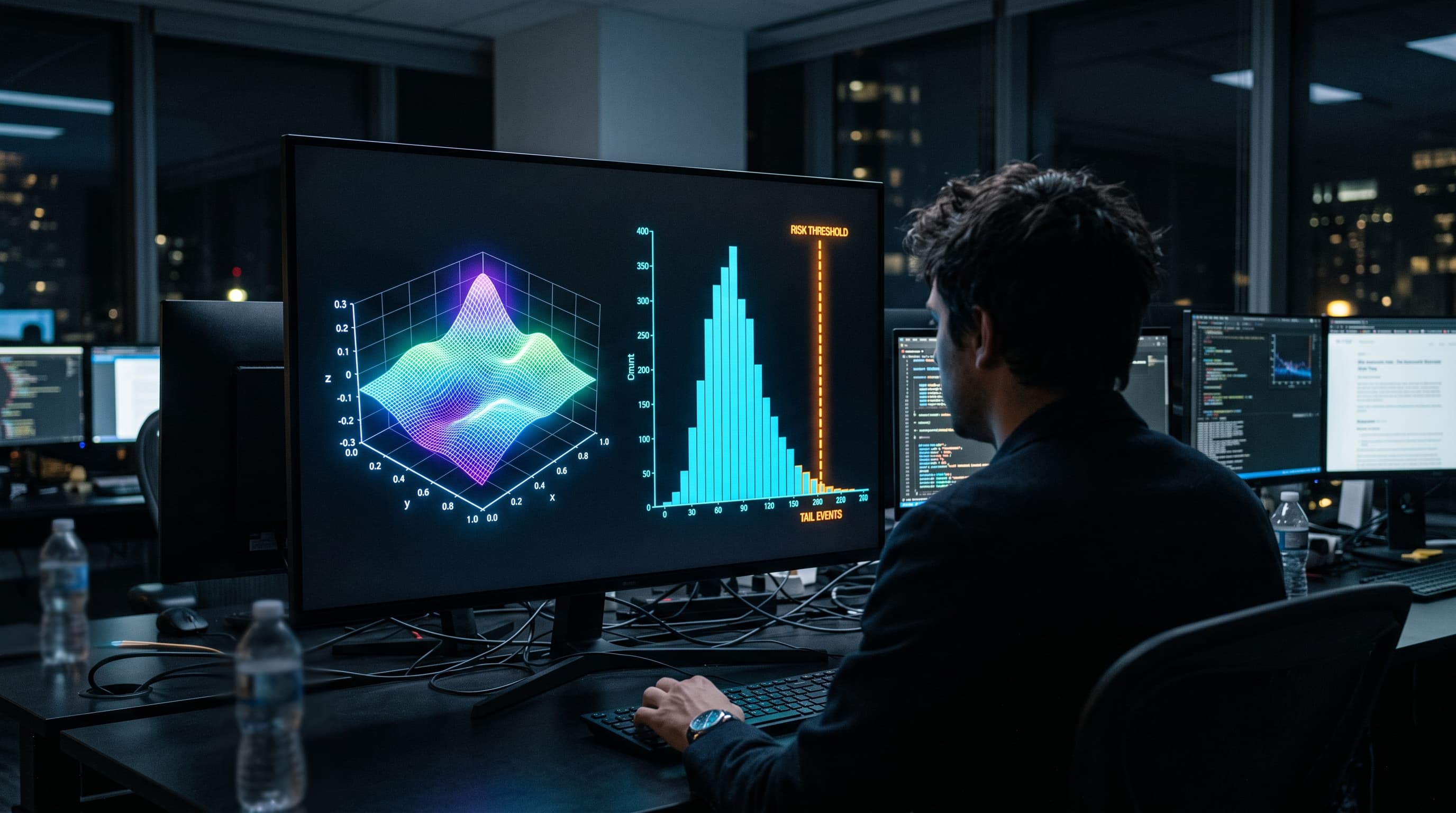 Editorial photo of a trader examining a glowing 3D parameter surface and histogram on a dark dashboard, moody blue and cyan lighting