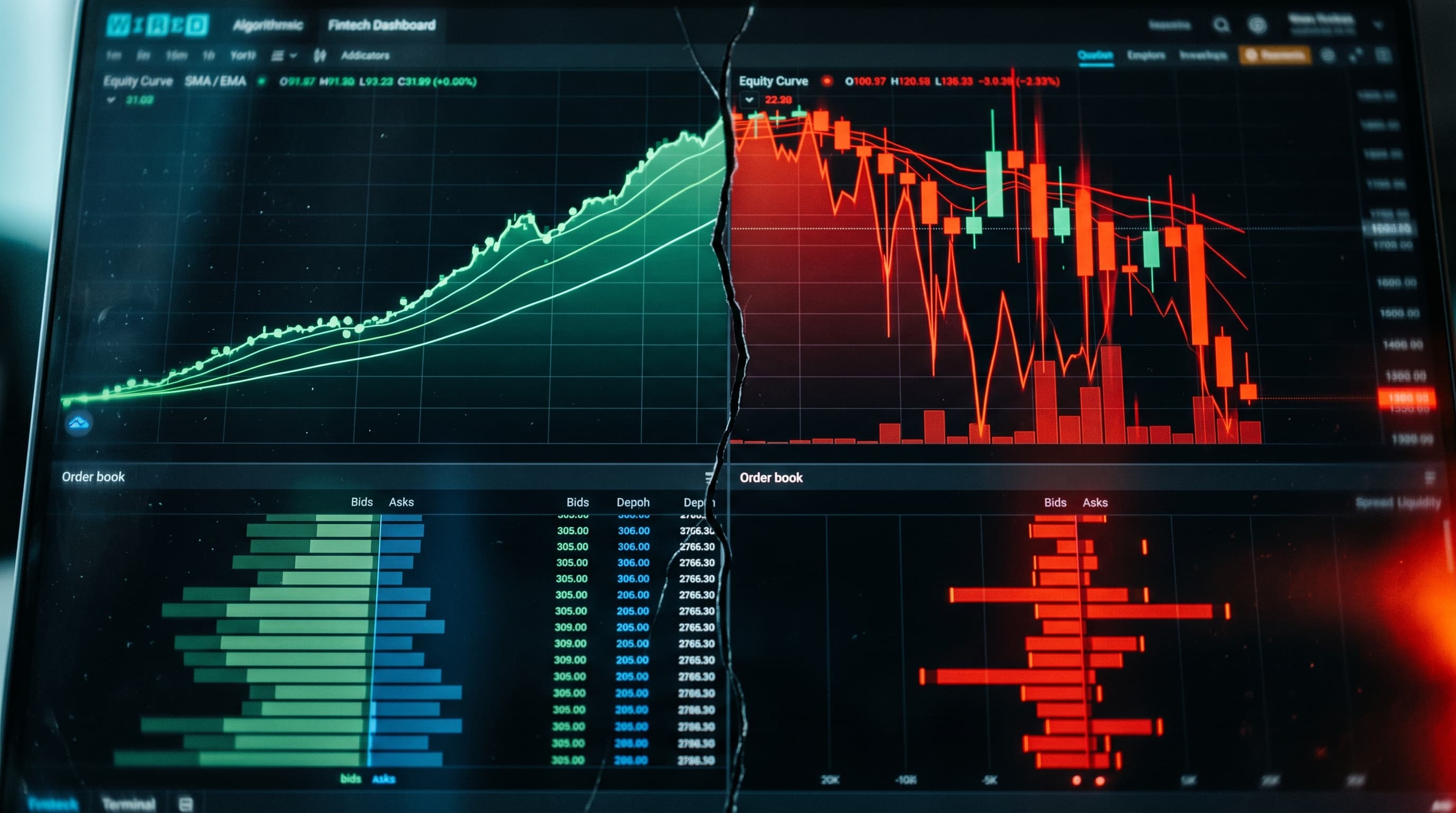 Editorial photo of a trading bot dashboard split down the middle: the left half calm with a steadily rising green equity curve, the right half a violent red liquidation cascade with order-book depth draining to nothing, dramatic blue and red lighting