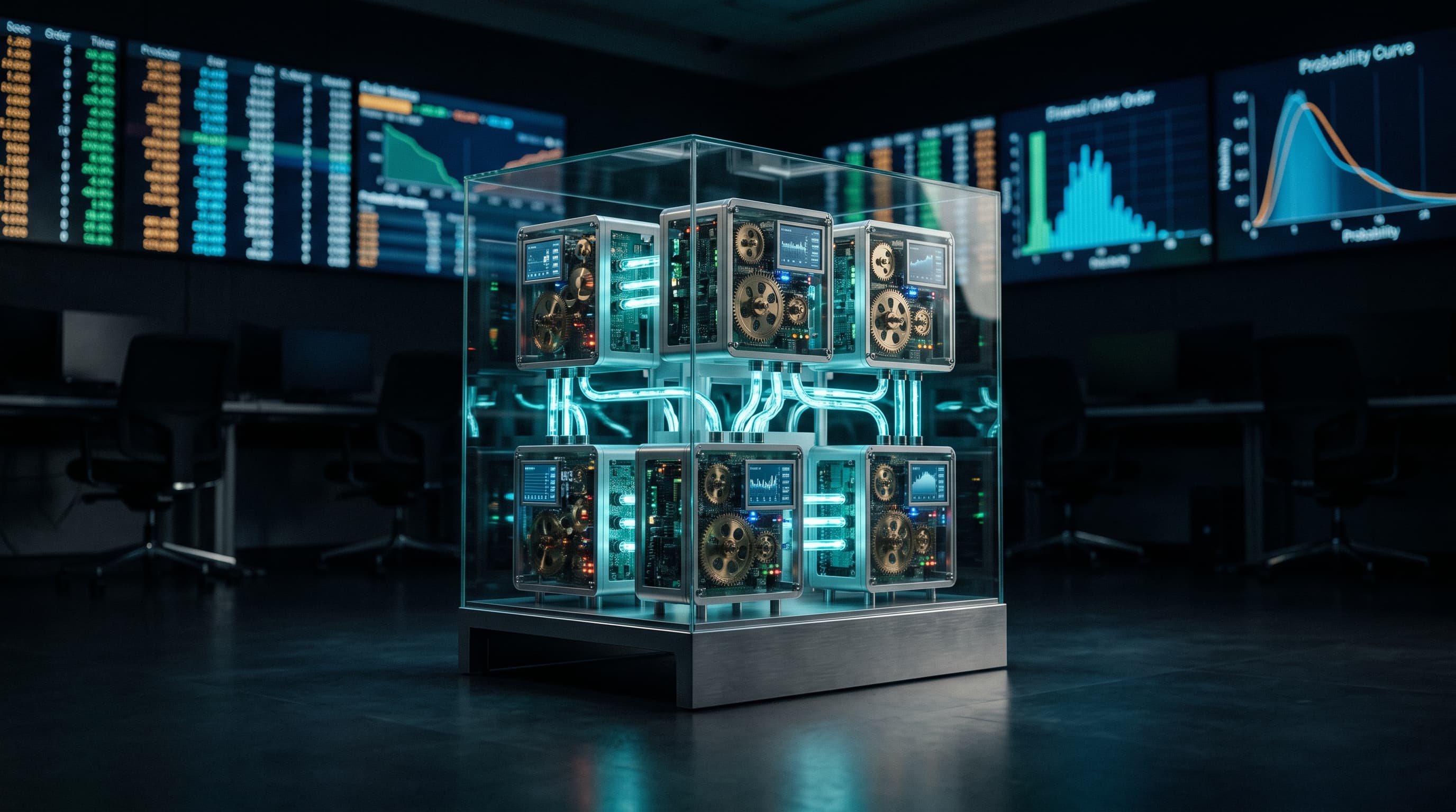 A glass-cased trading machine of interlocking modules linked by glowing cyan conduits, running alone on a dark, empty trading floor at night with order-book screens behind it
