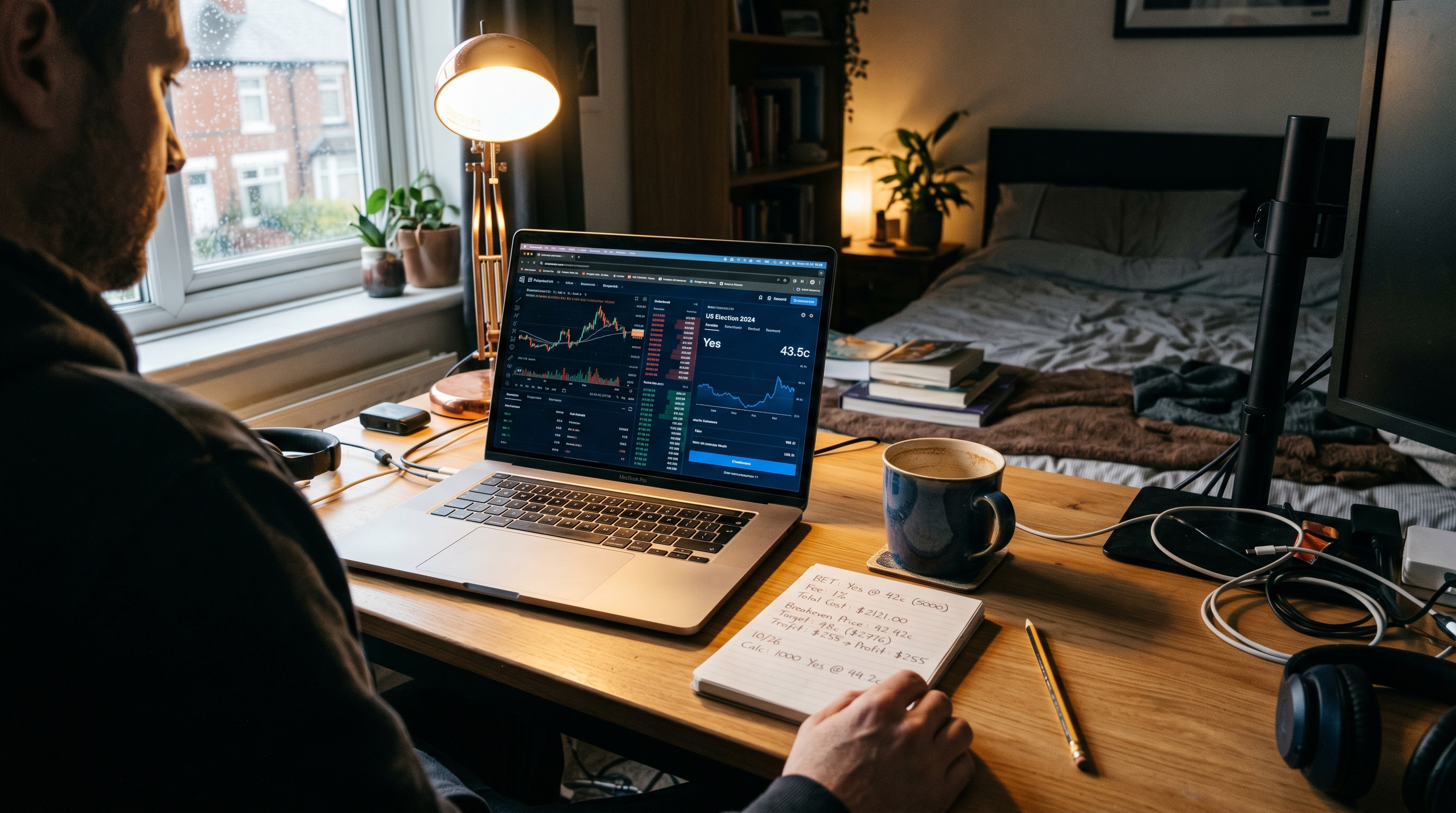 Editorial photo of a modest home trading desk with a single monitor showing prediction market charts, a coffee cup, and a notepad with breakeven math scribbled on it