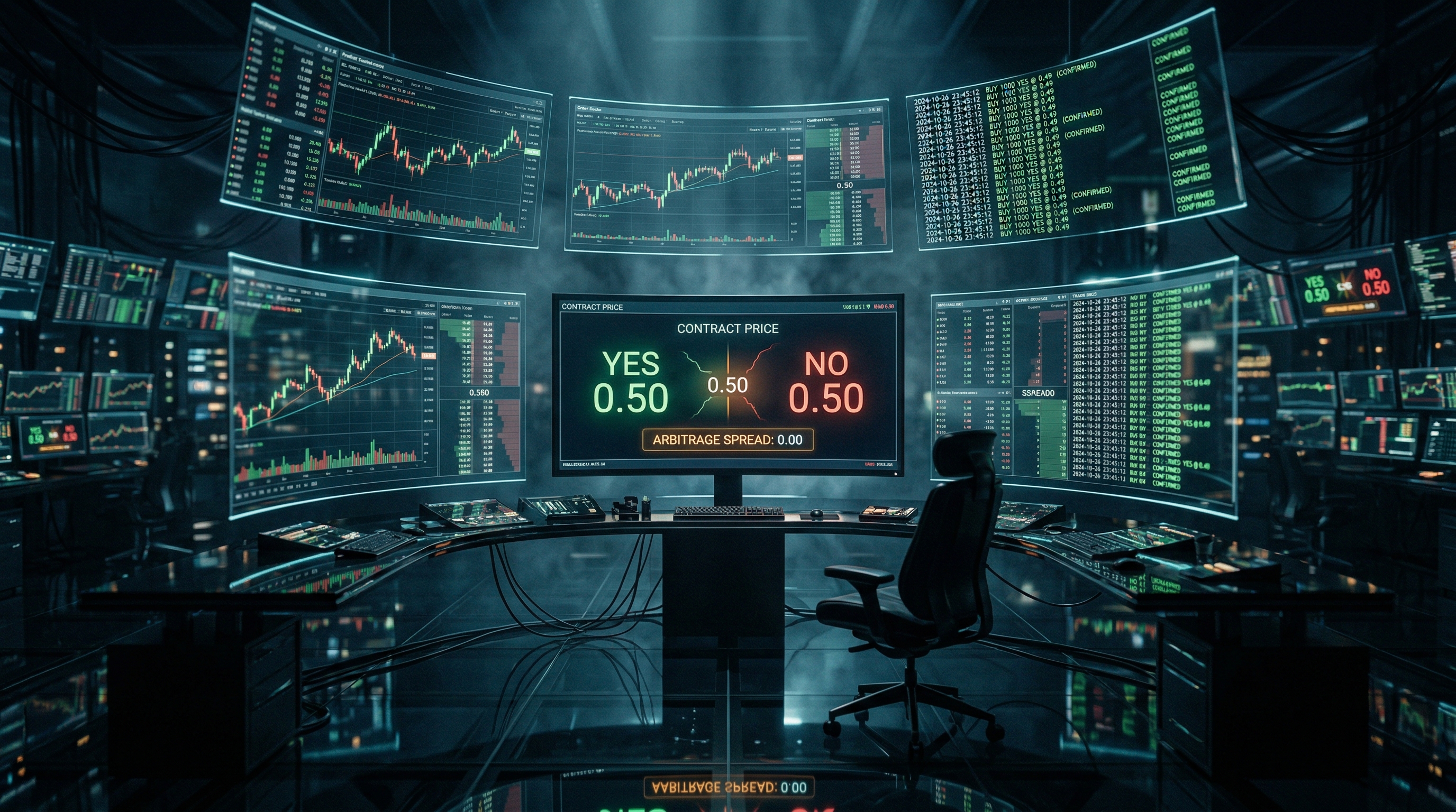 Futuristic automated trading command center with holographic screens displaying prediction market data and bot execution logs