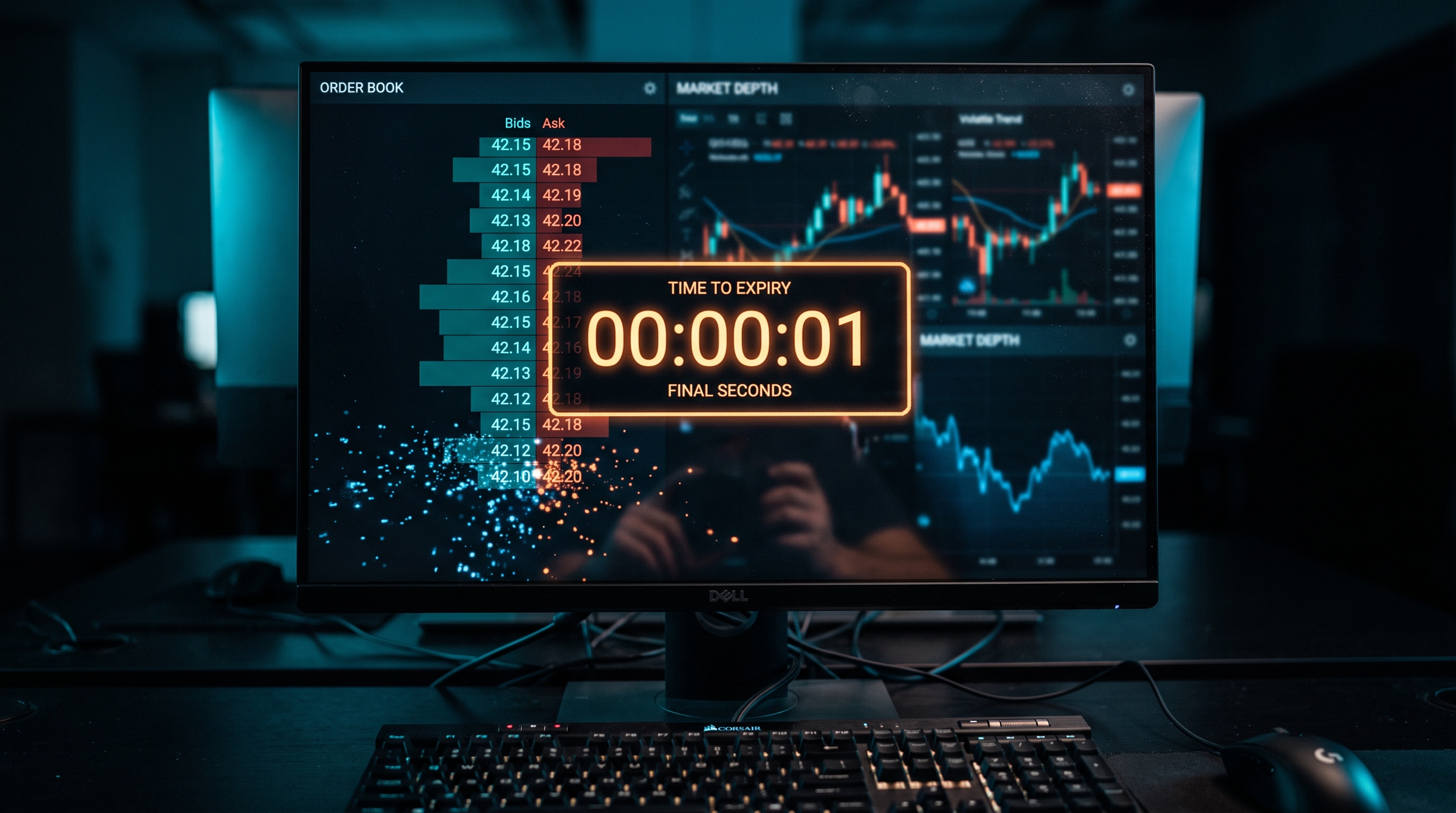 Trading terminal countdown clock ticking toward zero beside a thinning order book, the last bid and ask rows dissolving into empty space