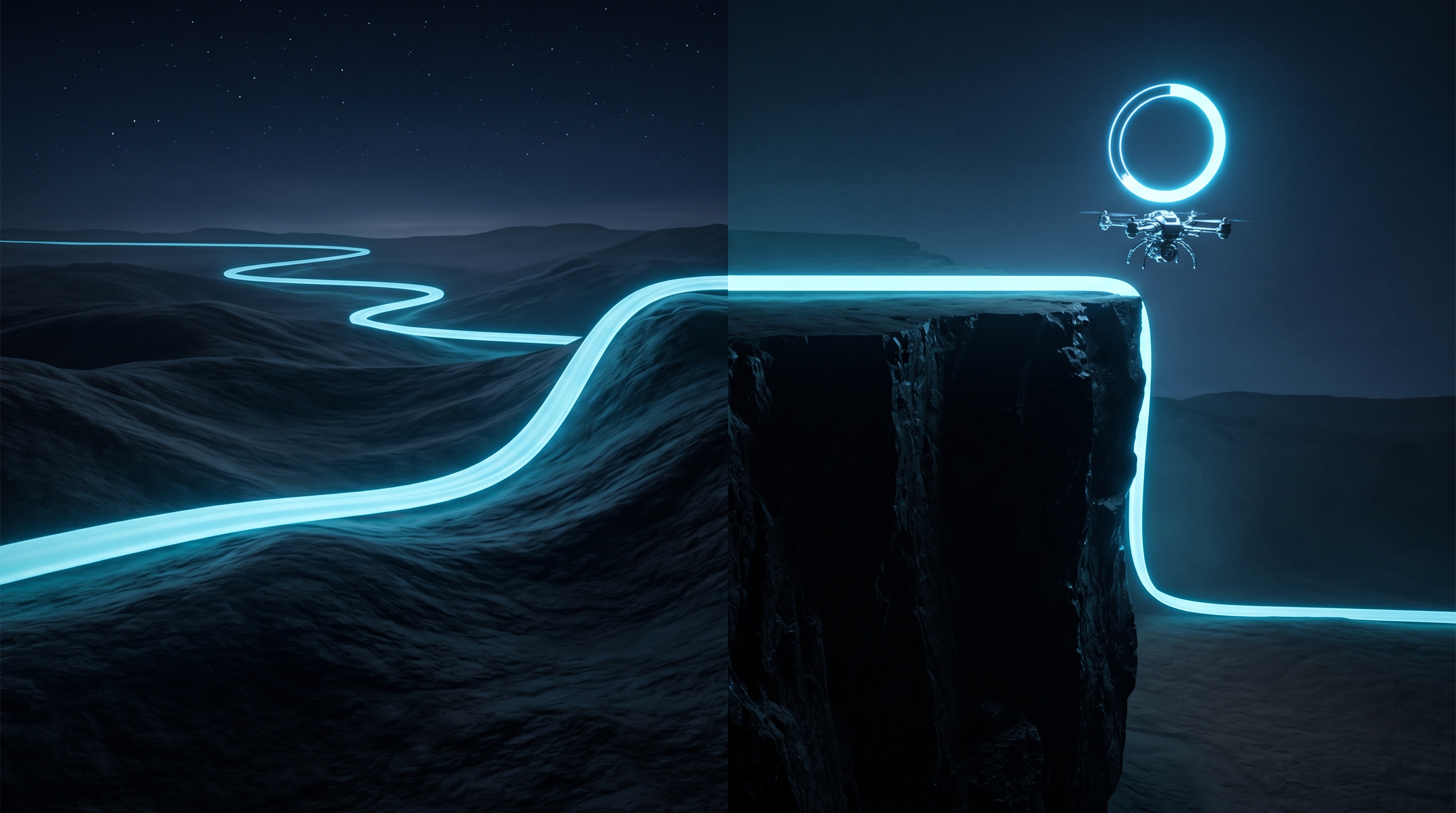 A continuous glowing ribbon rolling over hills on the left, and the same ribbon dropping off a sheer cliff into two levels on the right, with a trading drone hovering at the edge under a countdown ring