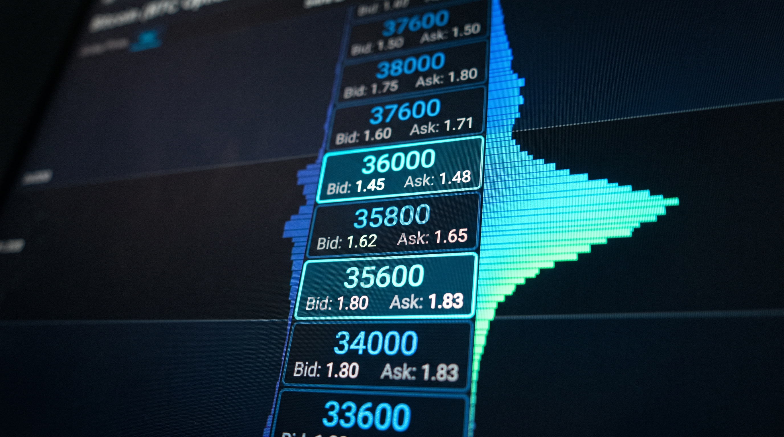 Trading terminal displaying a vertical ladder of Bitcoin strike prices, each rung glowing with its own bid and ask, forming a bell curve shape in the depth column