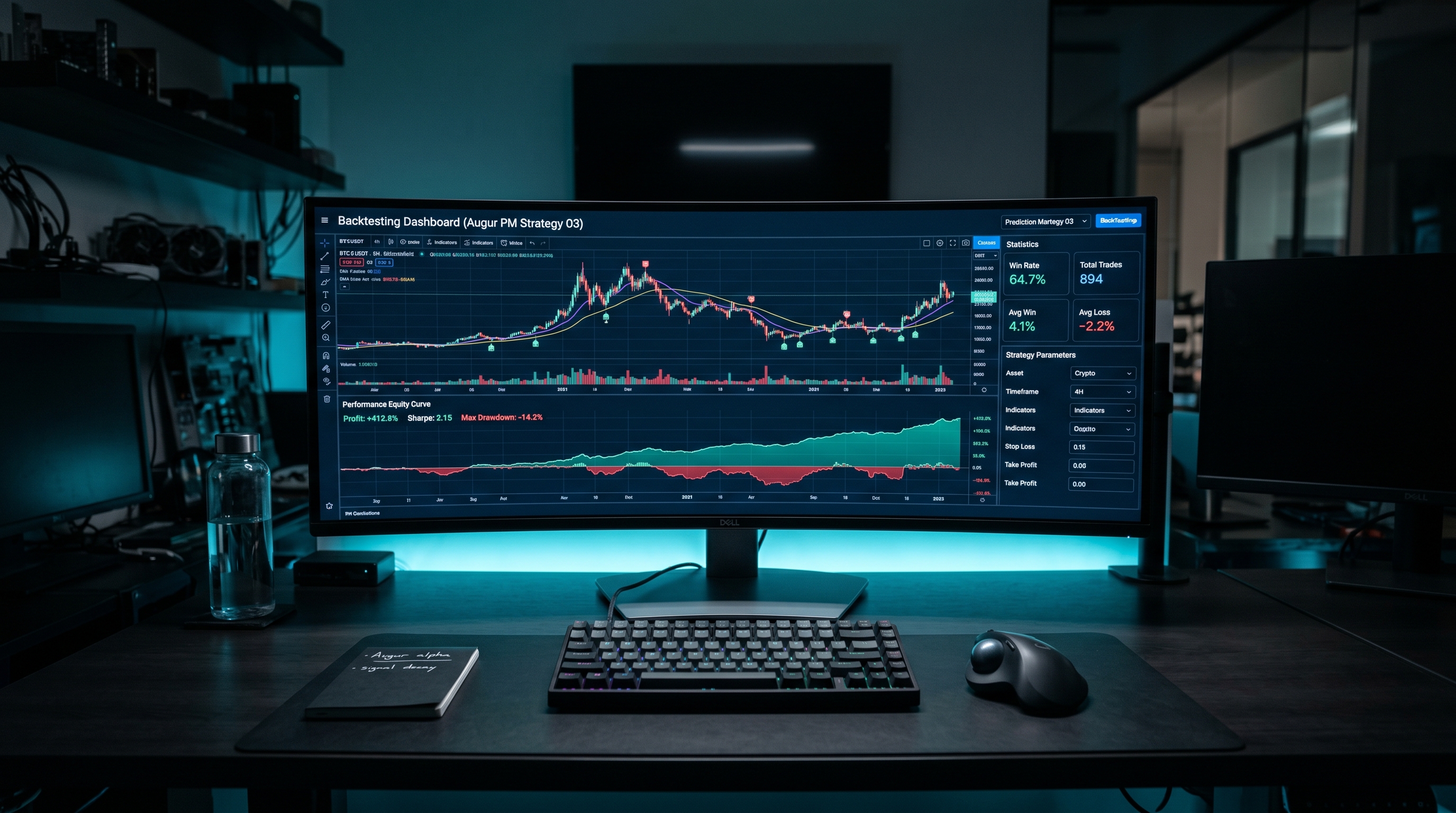 Backtesting dashboard showing prediction market strategy performance metrics and historical trade analysis
