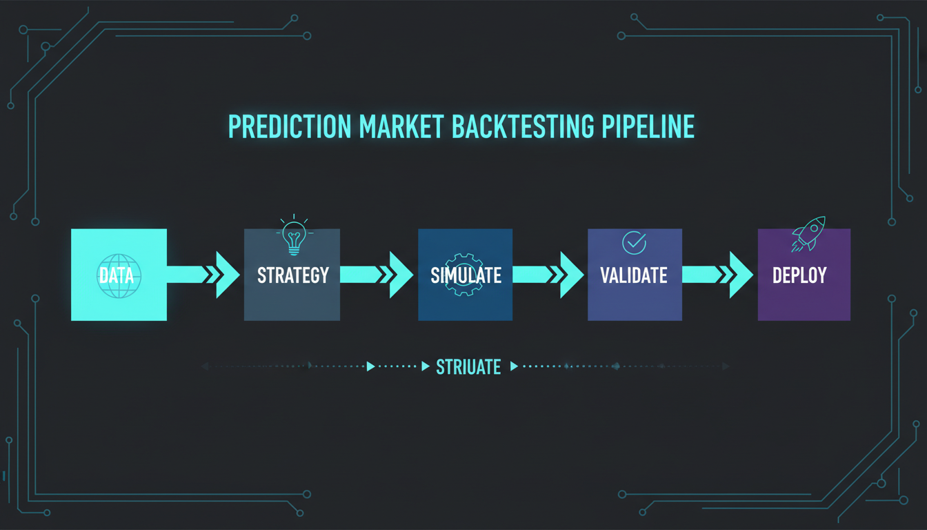 Infographic showing prediction market backtesting pipeline from historical data to strategy validation to live deployment