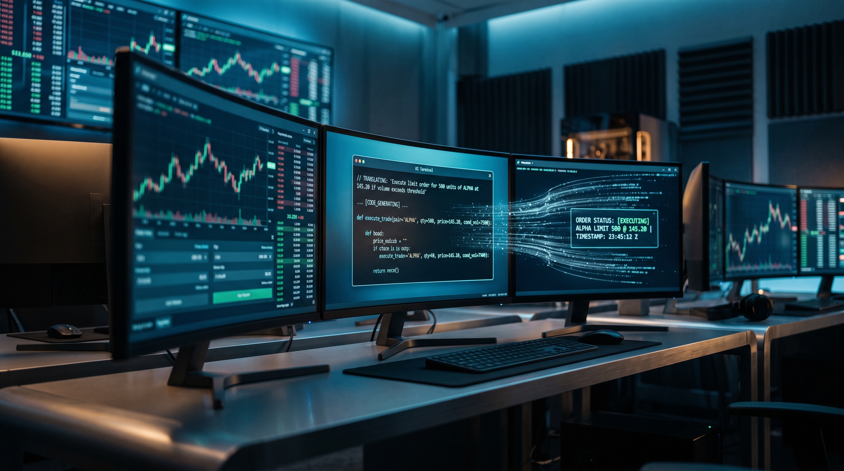 A dark trading command center at night with curved monitors showing live prediction-market order books, an AI terminal translating a natural-language command into executable trading code, and glowing data streams connecting the code to a live execution readout
