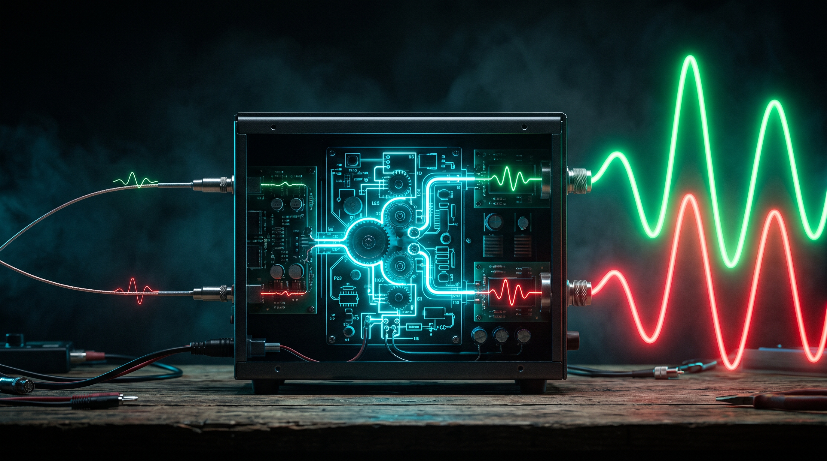 A signal amplifier machine: tiny faint green and red input pulses enter one side, and enormously magnified green and red waves exit the other
