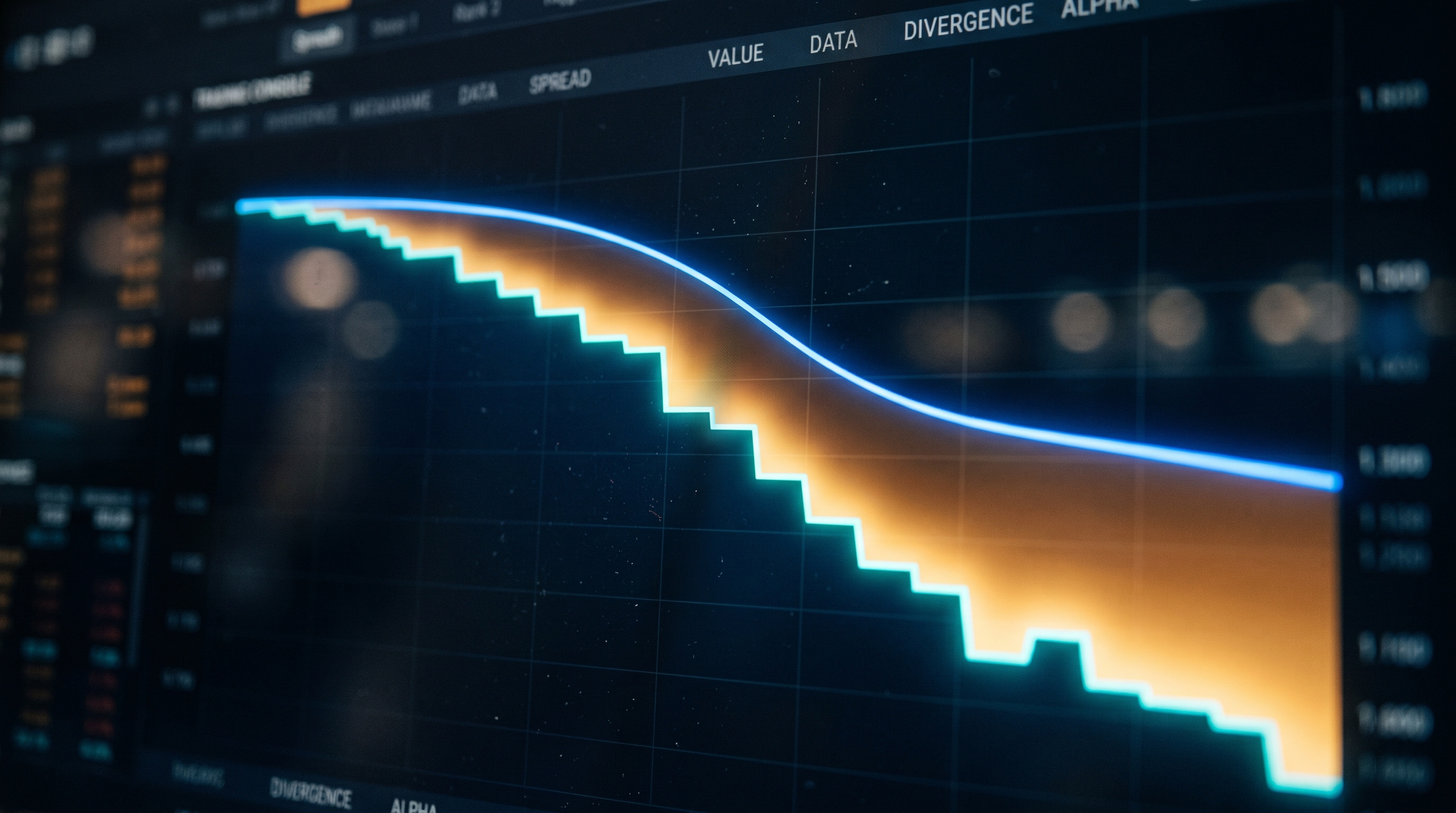 Editorial illustration of two glowing curves on a dark cyan trading panel — a smooth downward-sloping line and a sharp stair-step line — drifting apart, with the gap between them highlighted in amber