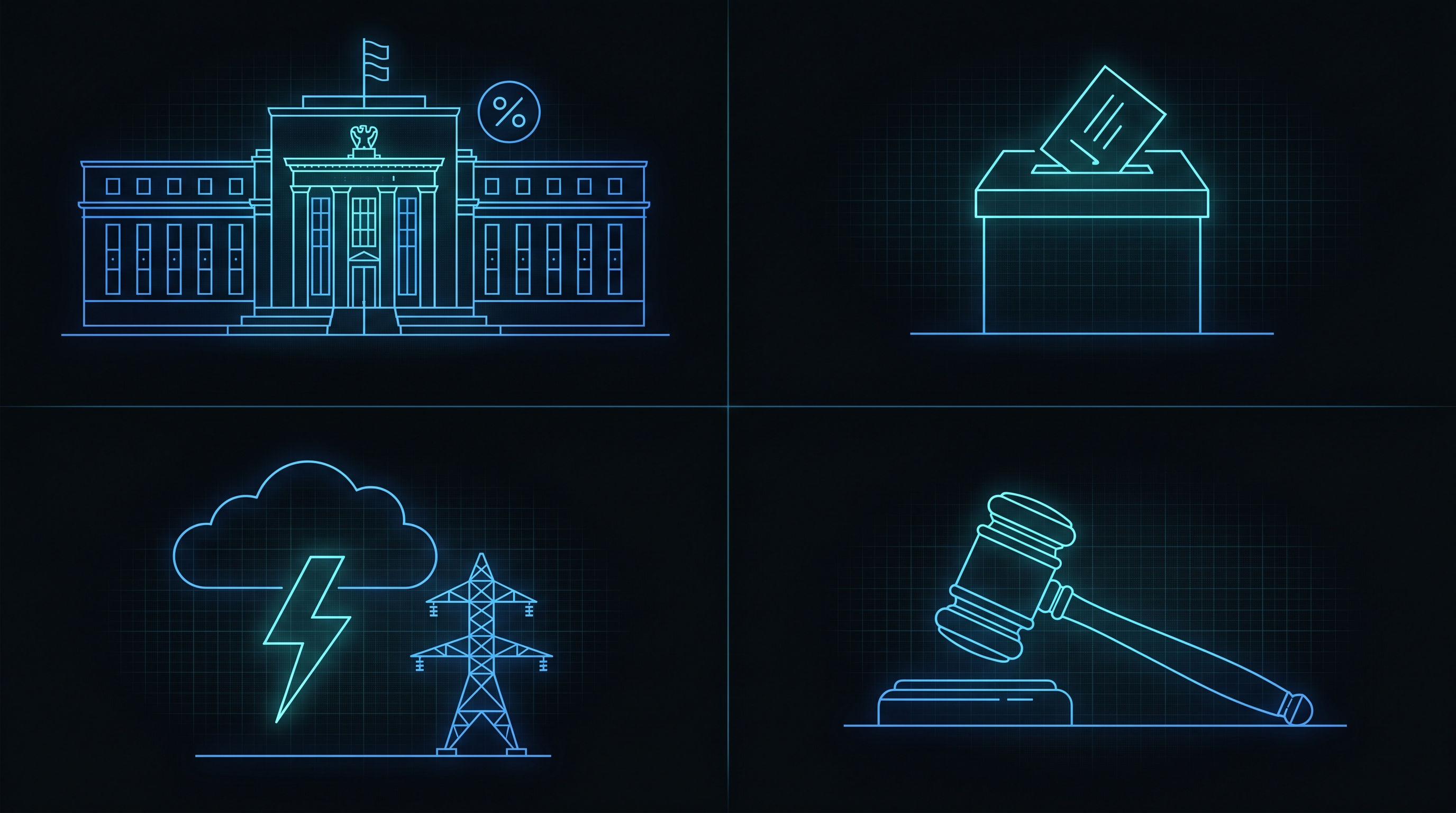 Editorial four-panel illustration on a dark cyan background depicting a Federal Reserve building, a ballot box, a storm cloud over a power grid, and a government gavel, each rendered in glowing electric-blue line art