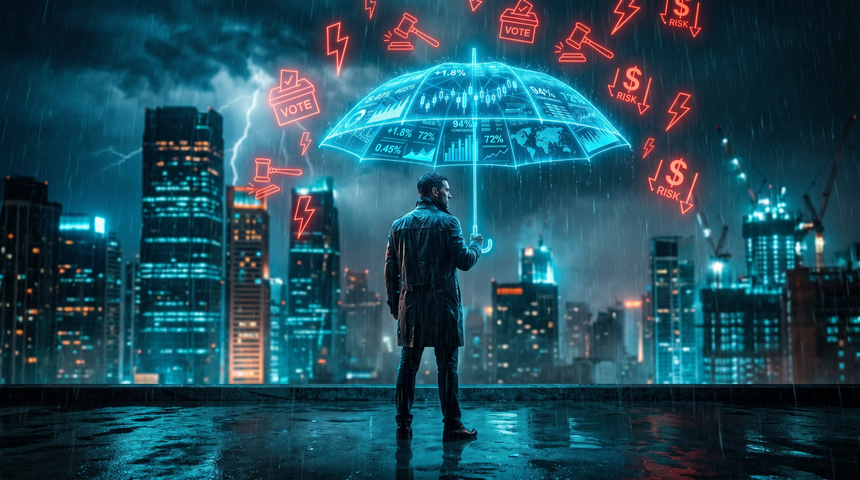 Editorial illustration of a translucent umbrella made of glowing market-probability data shielding a small investor from a storm of falling red event-risk symbols — a ballot, a gavel, a lightning bolt, a percent sign — over a dark cyan-lit cityscape