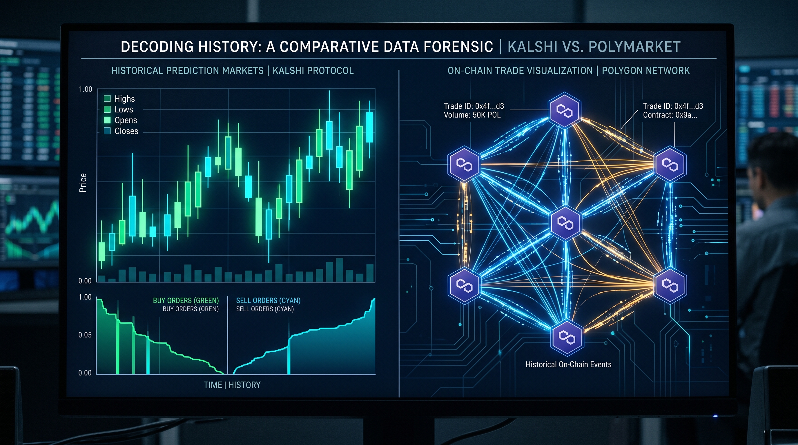 Editorial split-screen photo with a Kalshi candlestick chart visualization on the left and a Polymarket on-chain trade flow visualization on the right, dark theme with cyan and amber accents