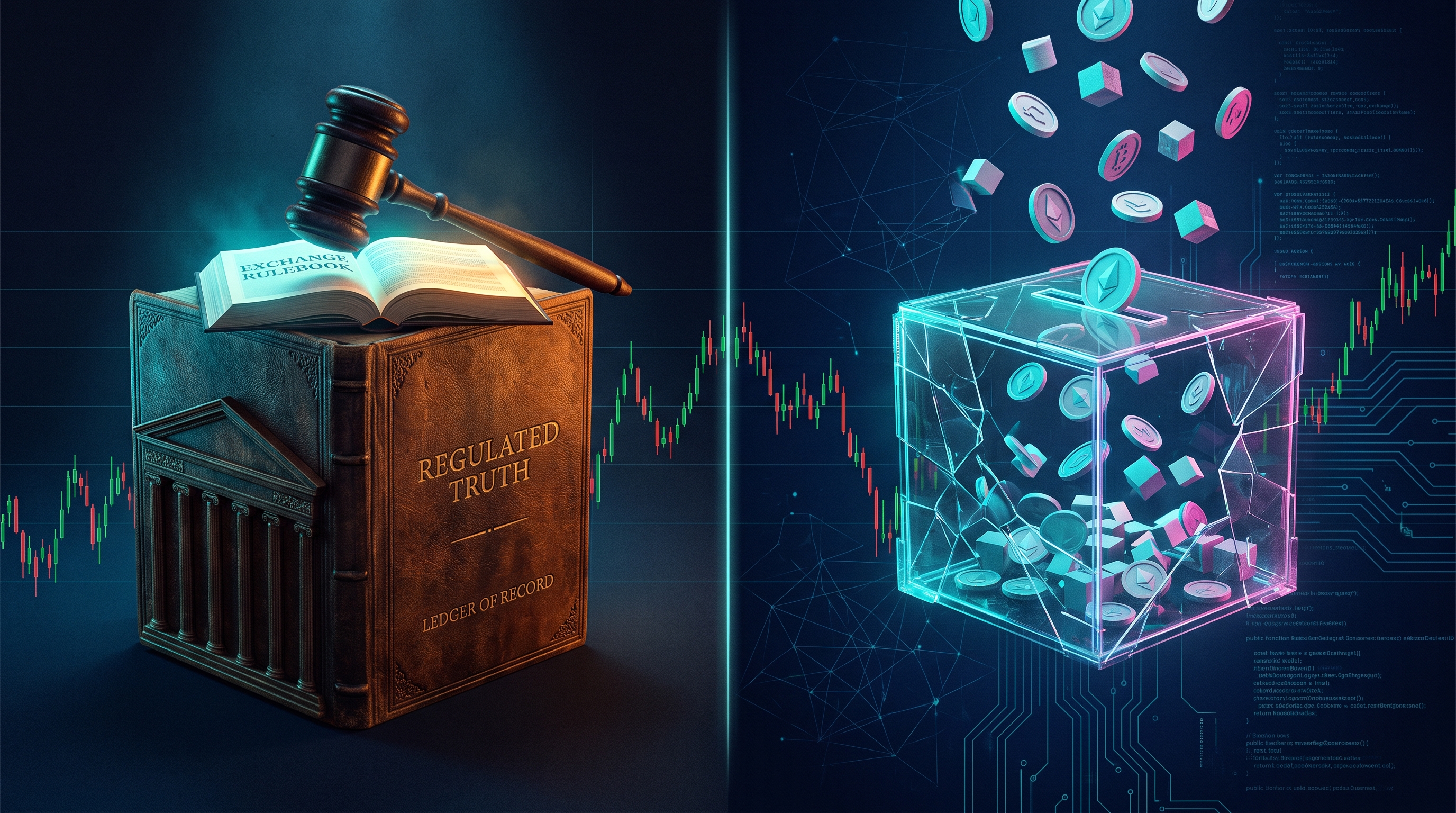 Split illustration of exchange rulebook settlement versus token-vote oracle settlement