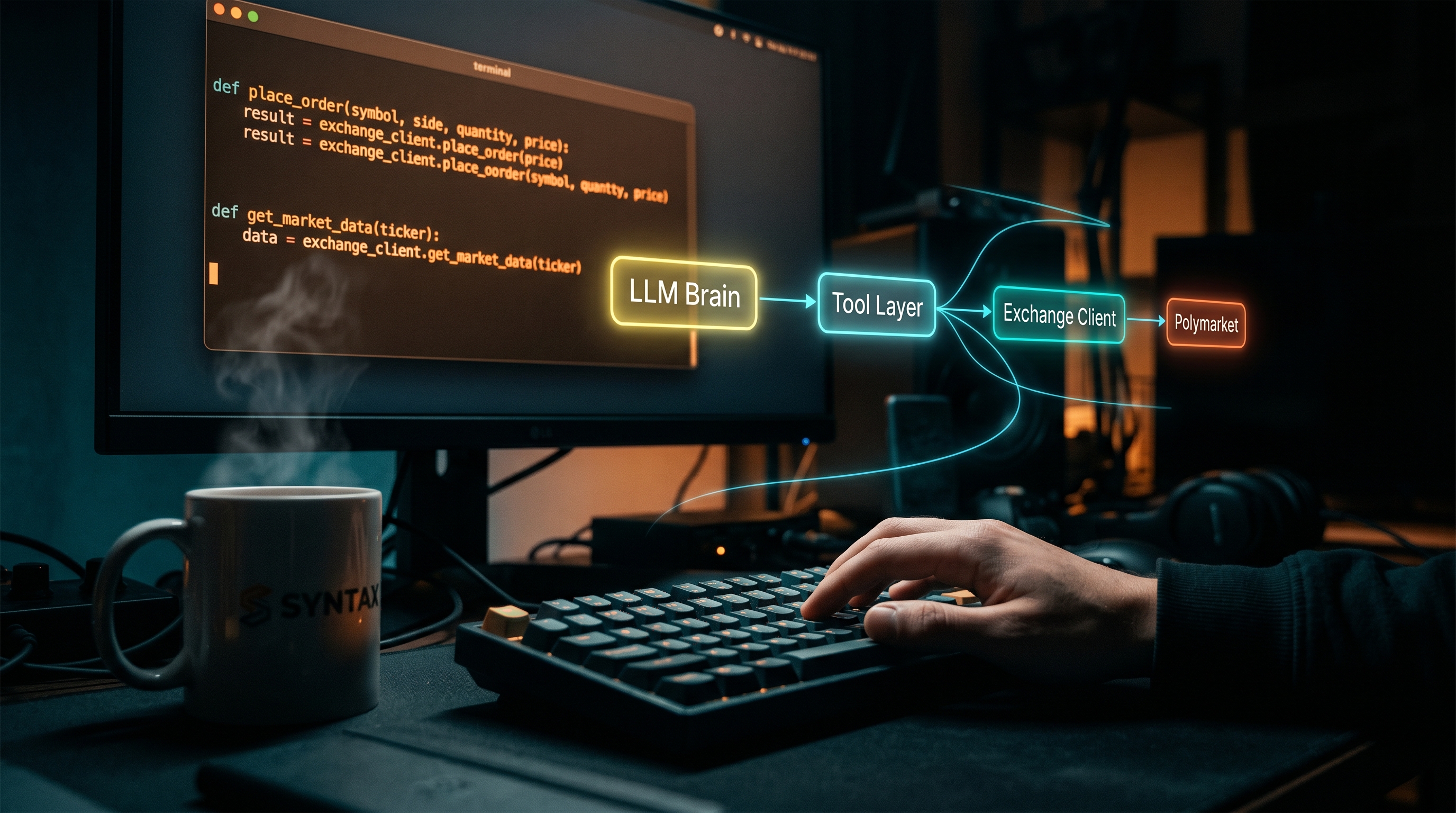 A darkened developer workstation at night with a glowing terminal displaying Python trading agent code, holographic flowchart nodes floating in the air showing the LLM Brain to Tool Layer to Exchange Client to Polymarket connection, with cyan and amber lighting accents