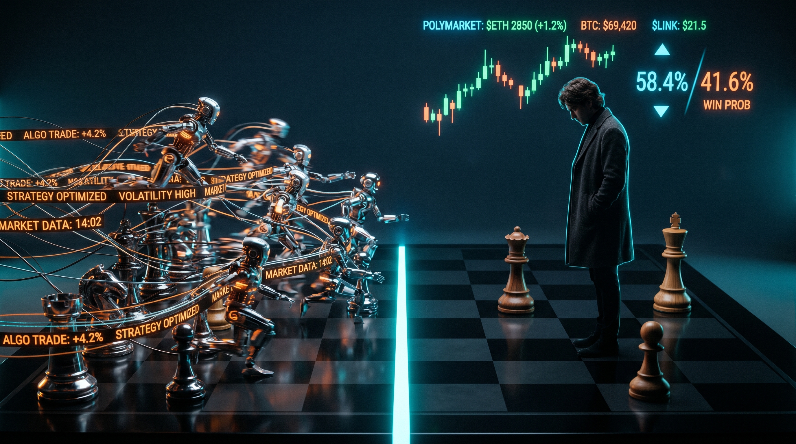 A dark editorial-style image of a chessboard split in two — autonomous robotic pieces lit by streams of data on one side, a single contemplative human silhouette in cyan light on the other, representing the build-or-defend choice for prediction market traders facing AI agent dominance