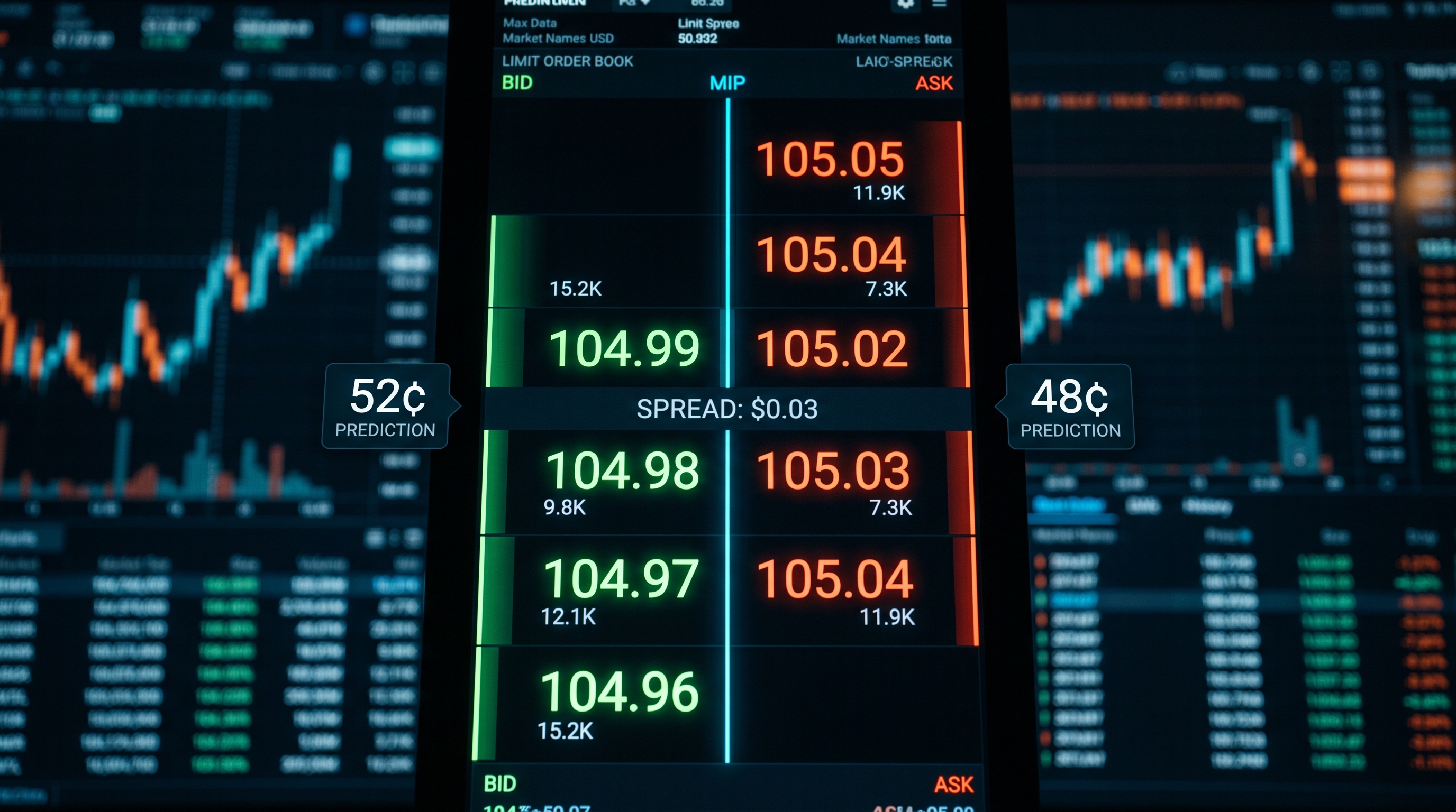 A two-sided limit-order book on a prediction market, with a market maker's resting bid and ask quotes highlighted around a 50-cent midpoint, dark fintech aesthetic with cyan accents