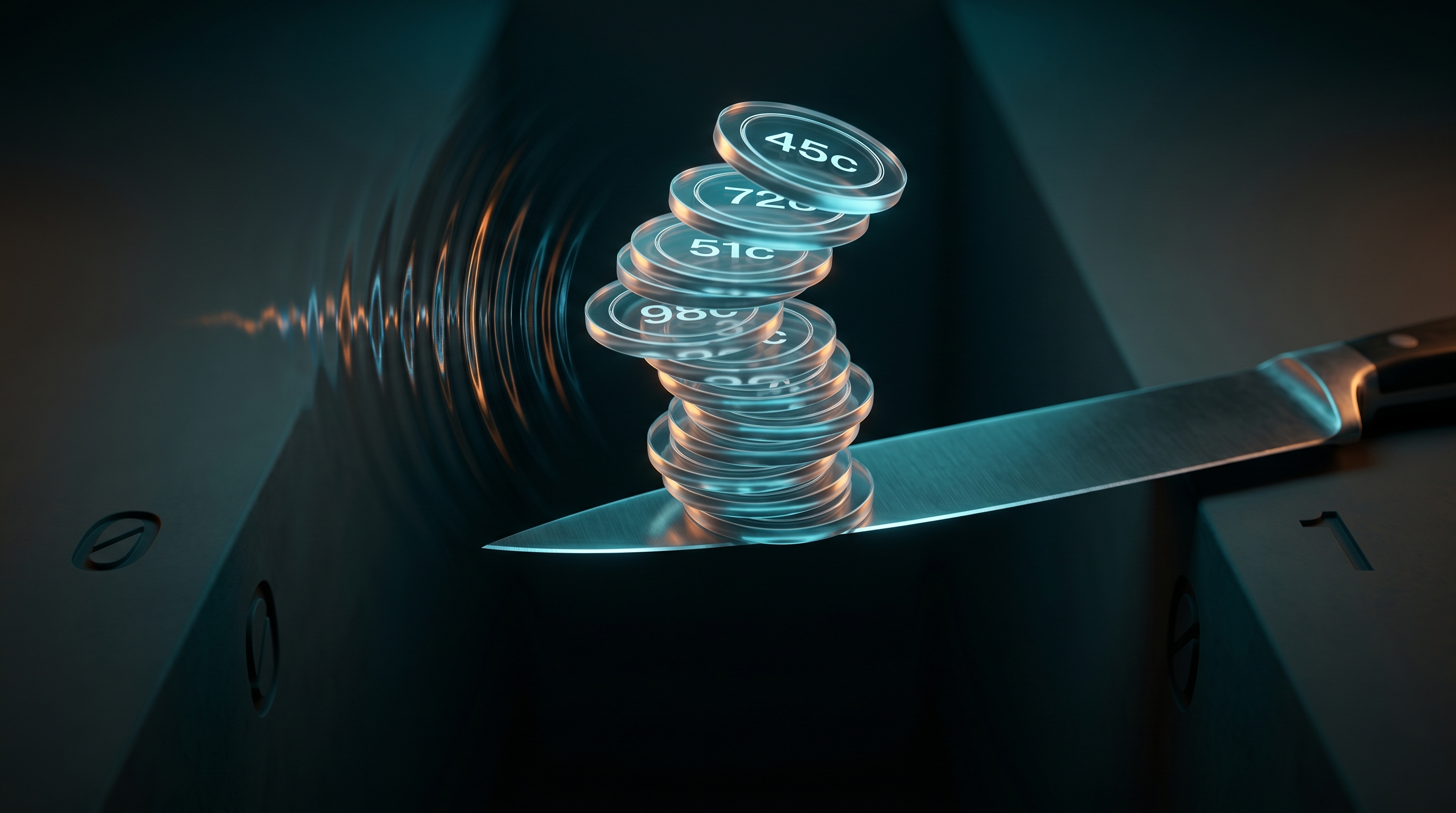A precarious stack of glowing probability-priced tokens balanced on a knife edge over a dark chasm labeled 0 and 1, with an incoming news shockwave — illustrating inventory and resolution risk in binary prediction-market making