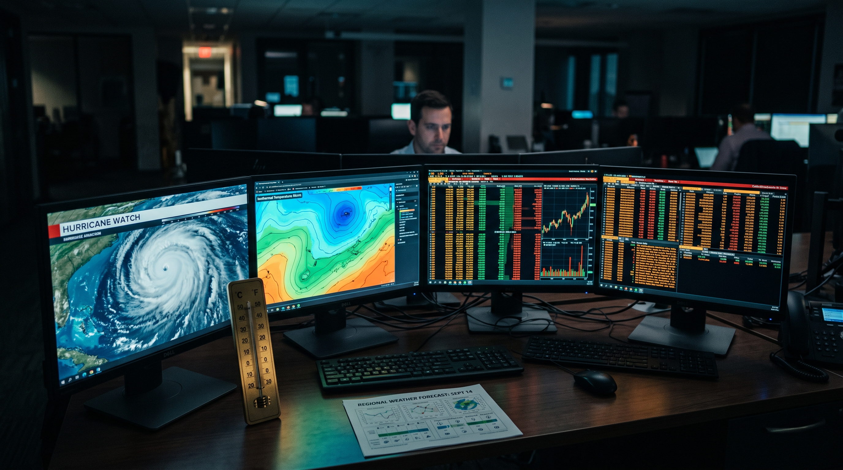 Weather trading desk showing a hurricane satellite loop and isotherm temperature map beside live prediction market order books