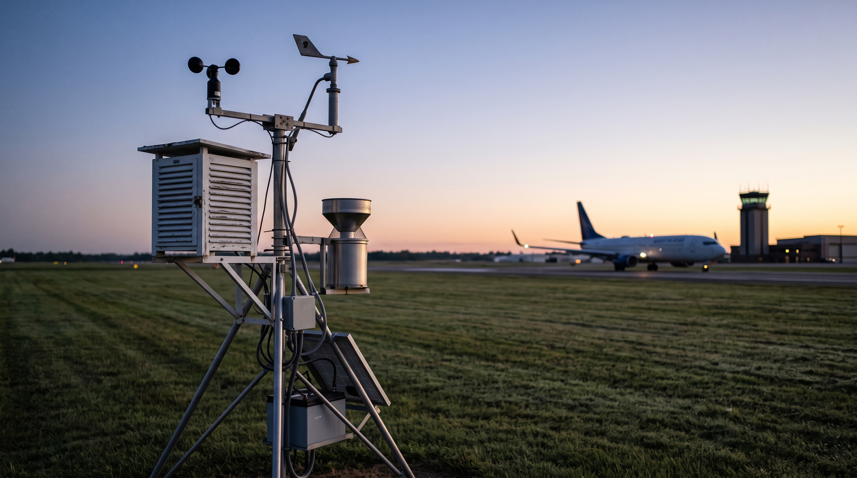 Automated surface weather observing station beside an airport runway at dawn, the kind of single sensor that determines contract settlement