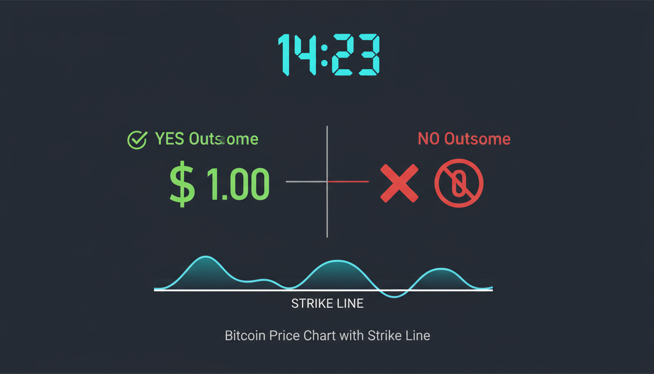 Diagram showing how a 15-minute binary contract works with countdown timer, YES/NO outcome paths, and settlement at $1 or $0