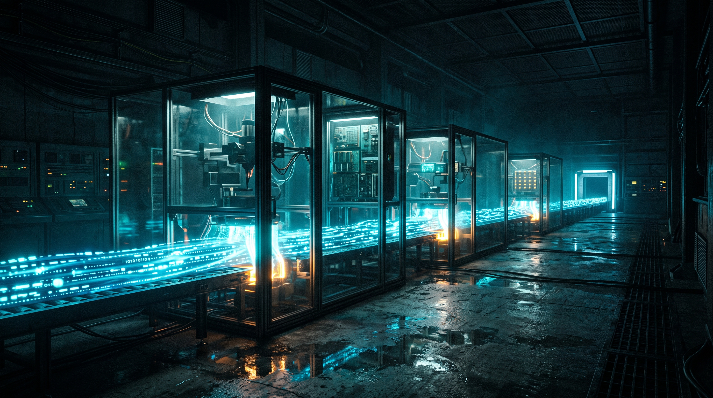 A long illuminated conveyor of data flowing through four glass-walled machine bays in a dark control room, the handoff gaps between bays glowing brighter than the bays themselves
