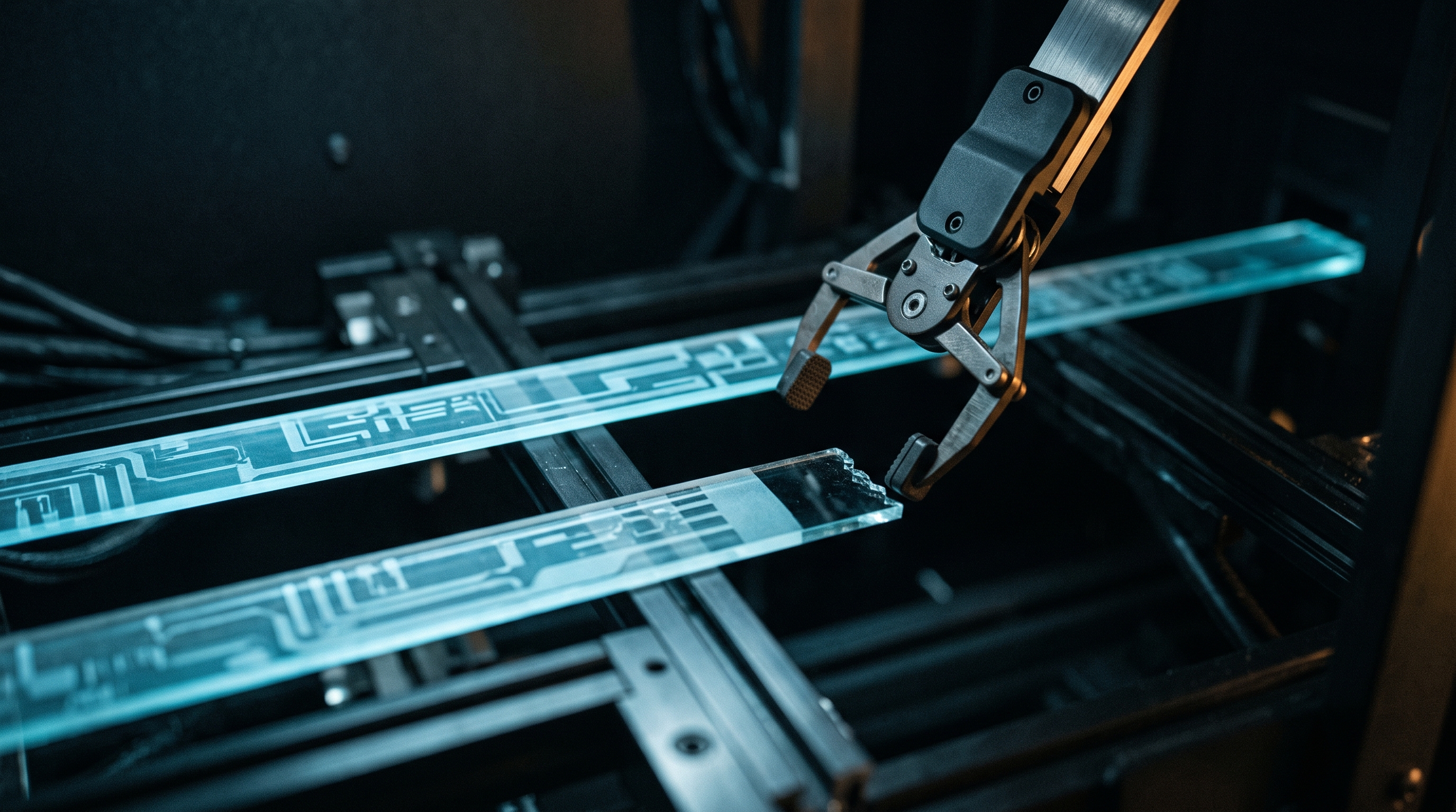 Two parallel ribbons of light running through a dark chamber, one slightly ahead of the other so the mismatch shows as a widening gap of shadow, with a mechanical comparator arm reaching down to bridge the offset