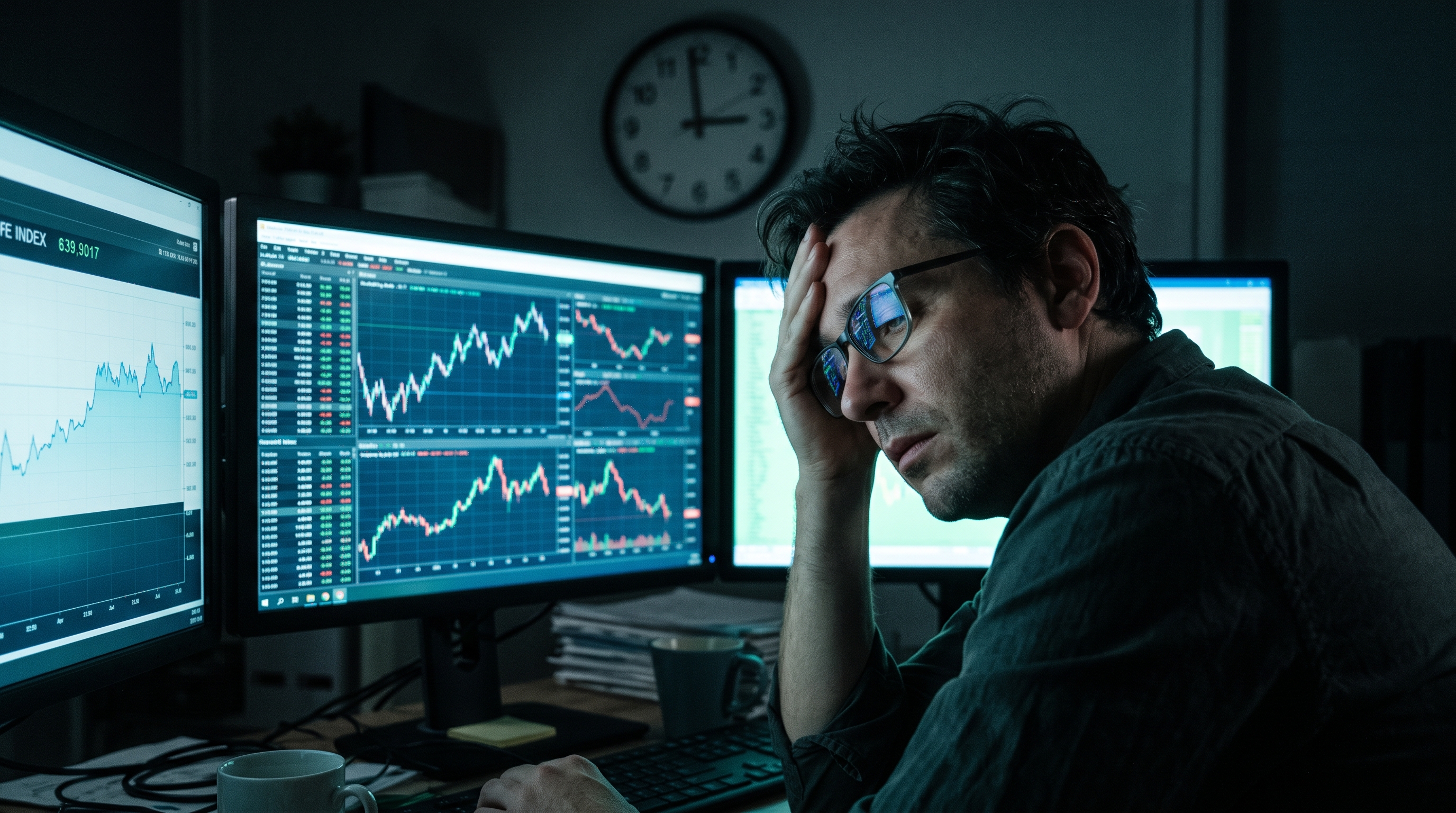 Editorial photograph of a tired trader lit only by multiple monitors late at night, head resting on one hand, several open market charts reflected in their glasses, conveying vigilance decrement and decision fatigue