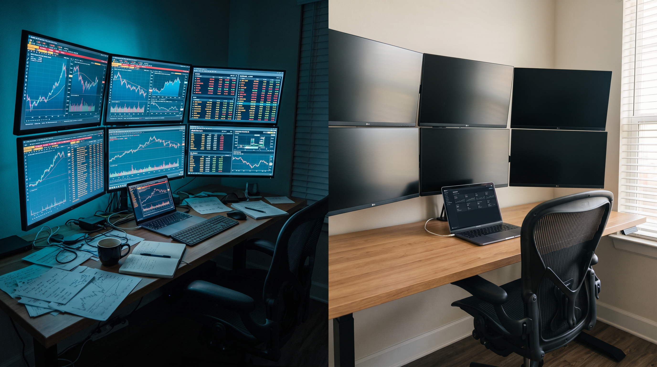 Editorial split-composition photo showing a cluttered desk with multiple glowing market screens and cold coffee on one side, and the same desk empty and sunlit on the other, illustrating manual versus automated prediction market trading