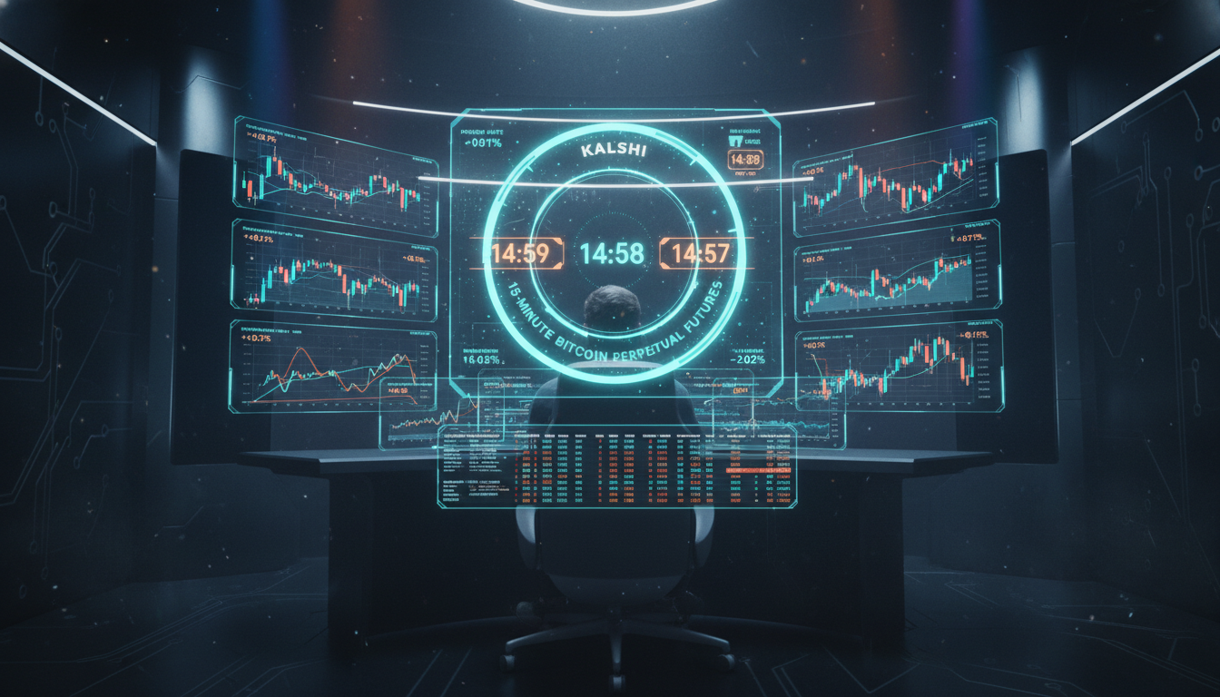 Trading command center displaying live Kalshi crypto perpetual futures interface with Bitcoin price charts and 15-minute contract countdowns