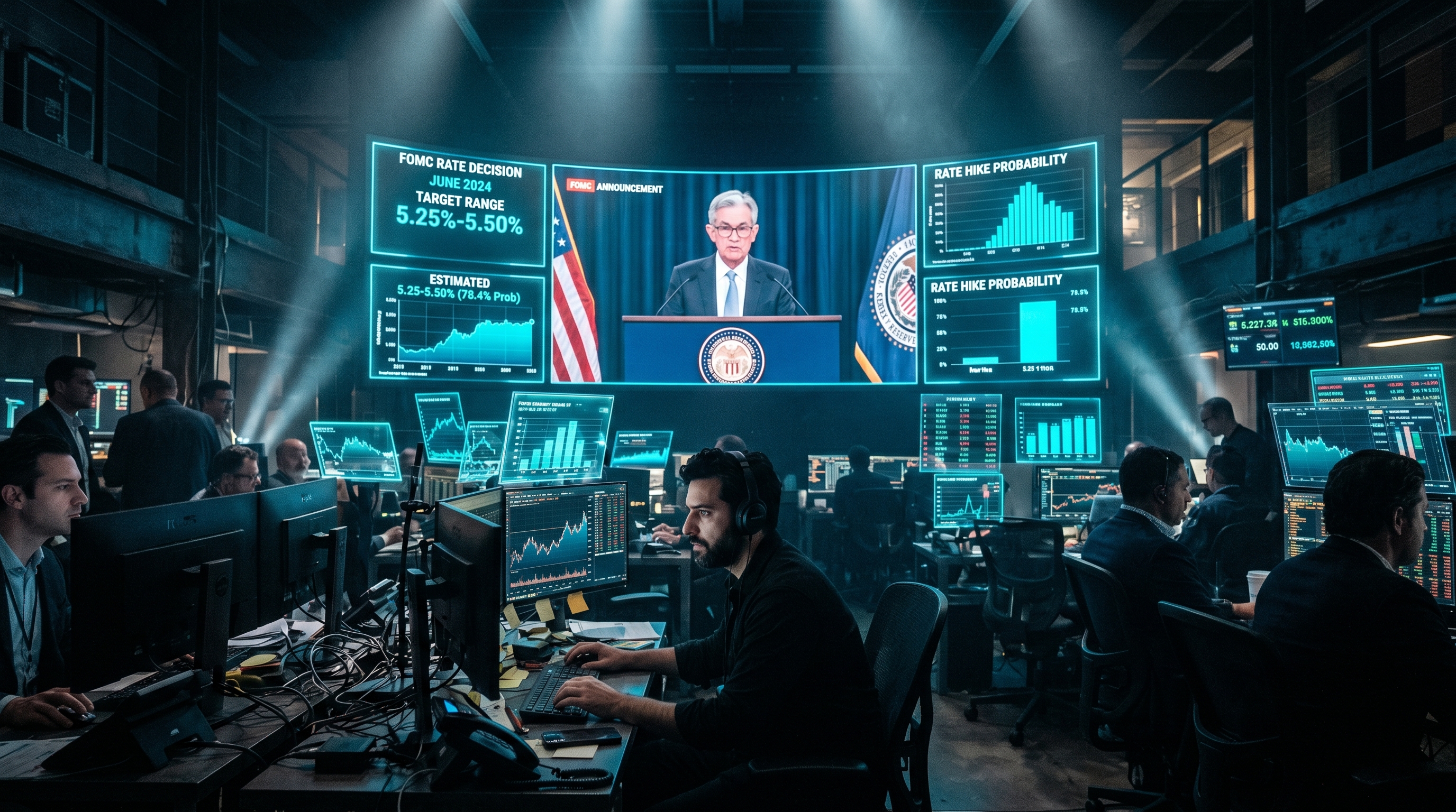 Trading command center showing live Kalshi Federal Reserve contract prices alongside FOMC announcement data