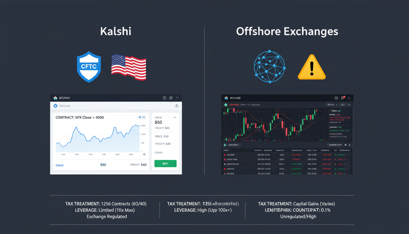 Side-by-side comparison panel showing Kalshi CFTC-regulated crypto trading versus offshore exchange features with regulatory shield iconography