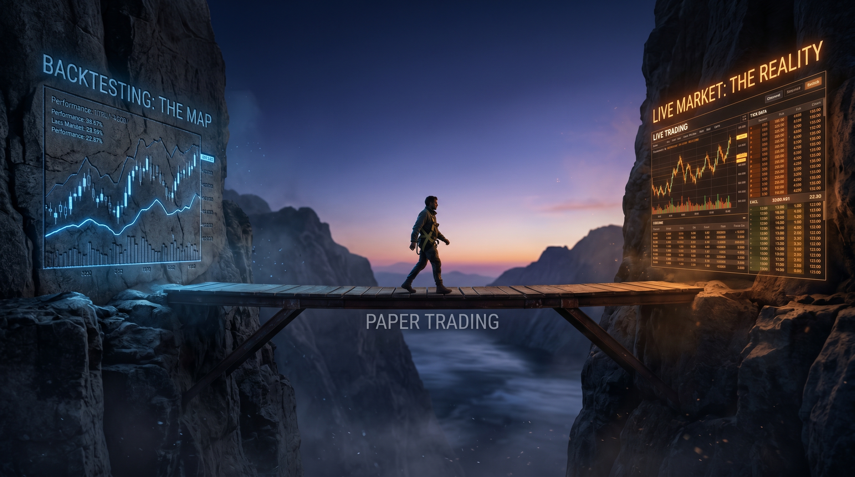 Bridge between two cliffs labeled backtest and live, with figure walking across in safety harness