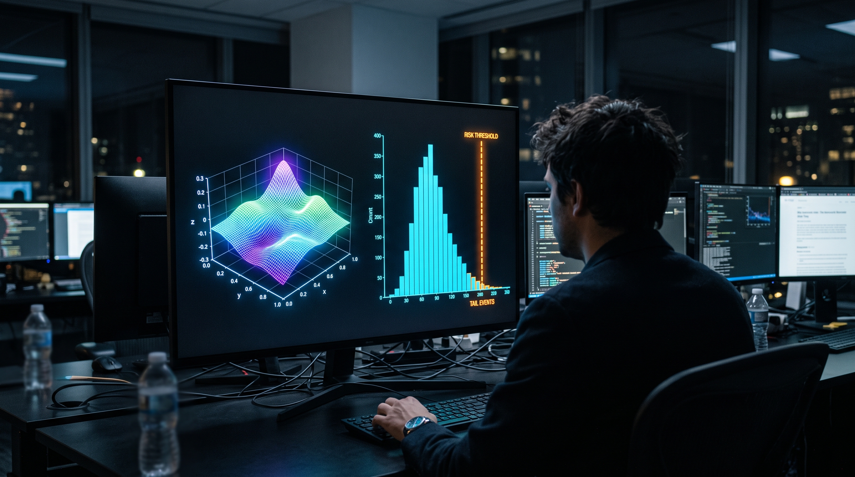 Editorial photo of a trader examining a glowing 3D parameter surface and histogram on a dark dashboard, moody blue and cyan lighting