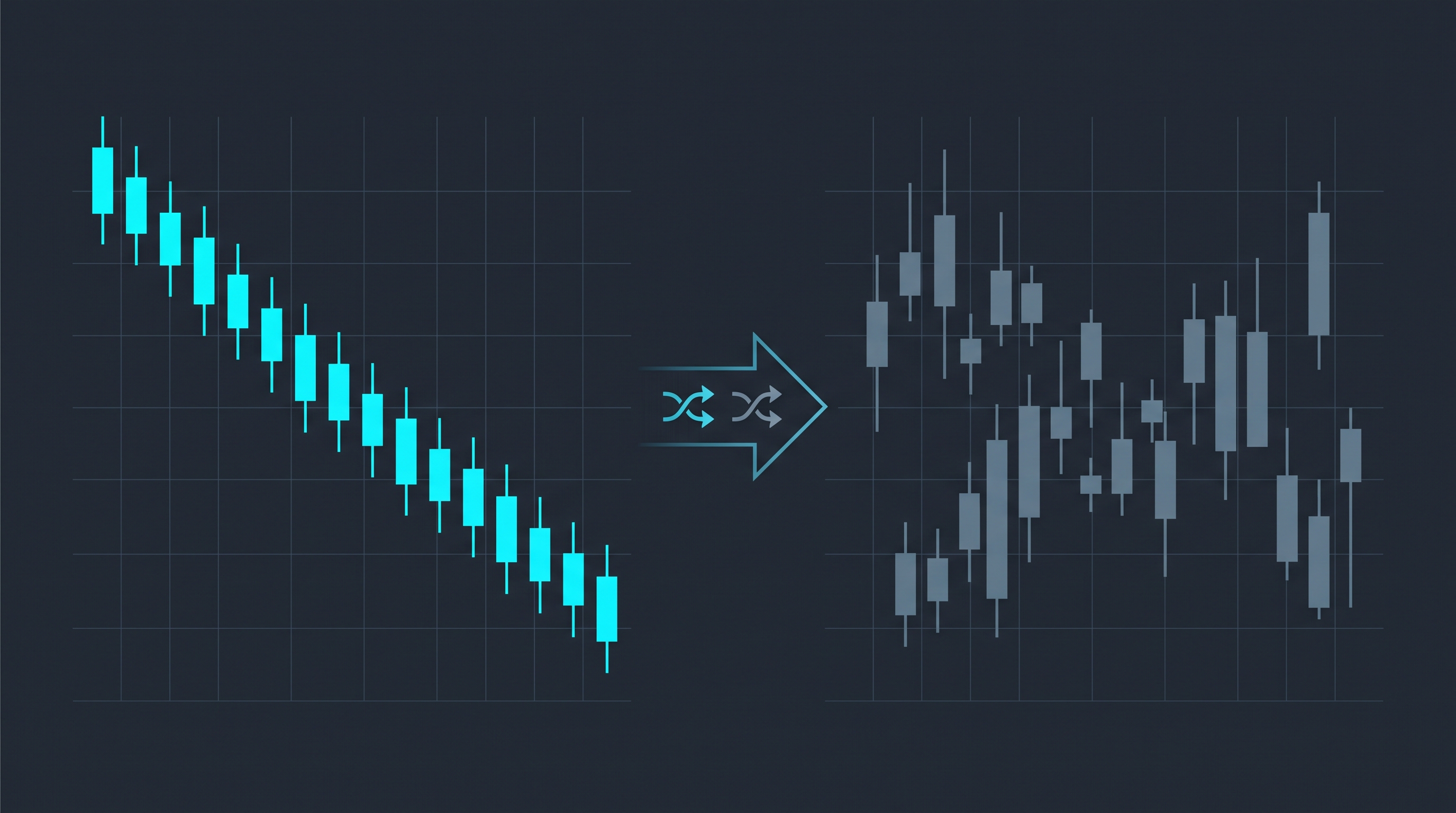 Illustration of a price series being shuffled into a random pattern, destroying structure while preserving statistical texture