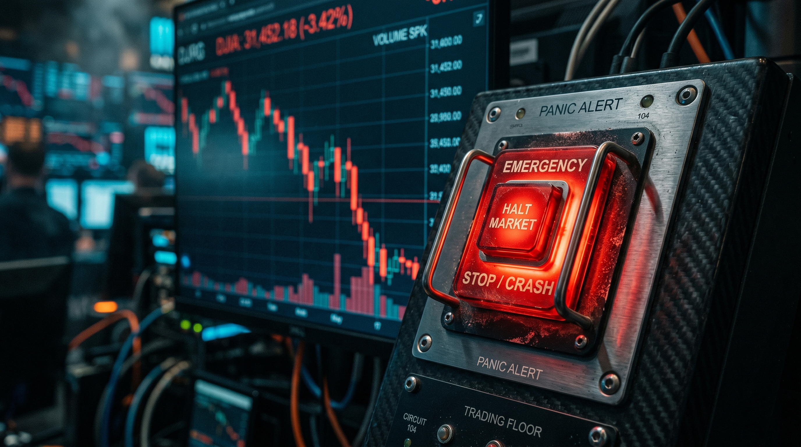 Editorial close-up of a glowing red emergency circuit-breaker switch on a dark trading panel halting a falling chart, lit in red against cyan and electric-blue ambient light