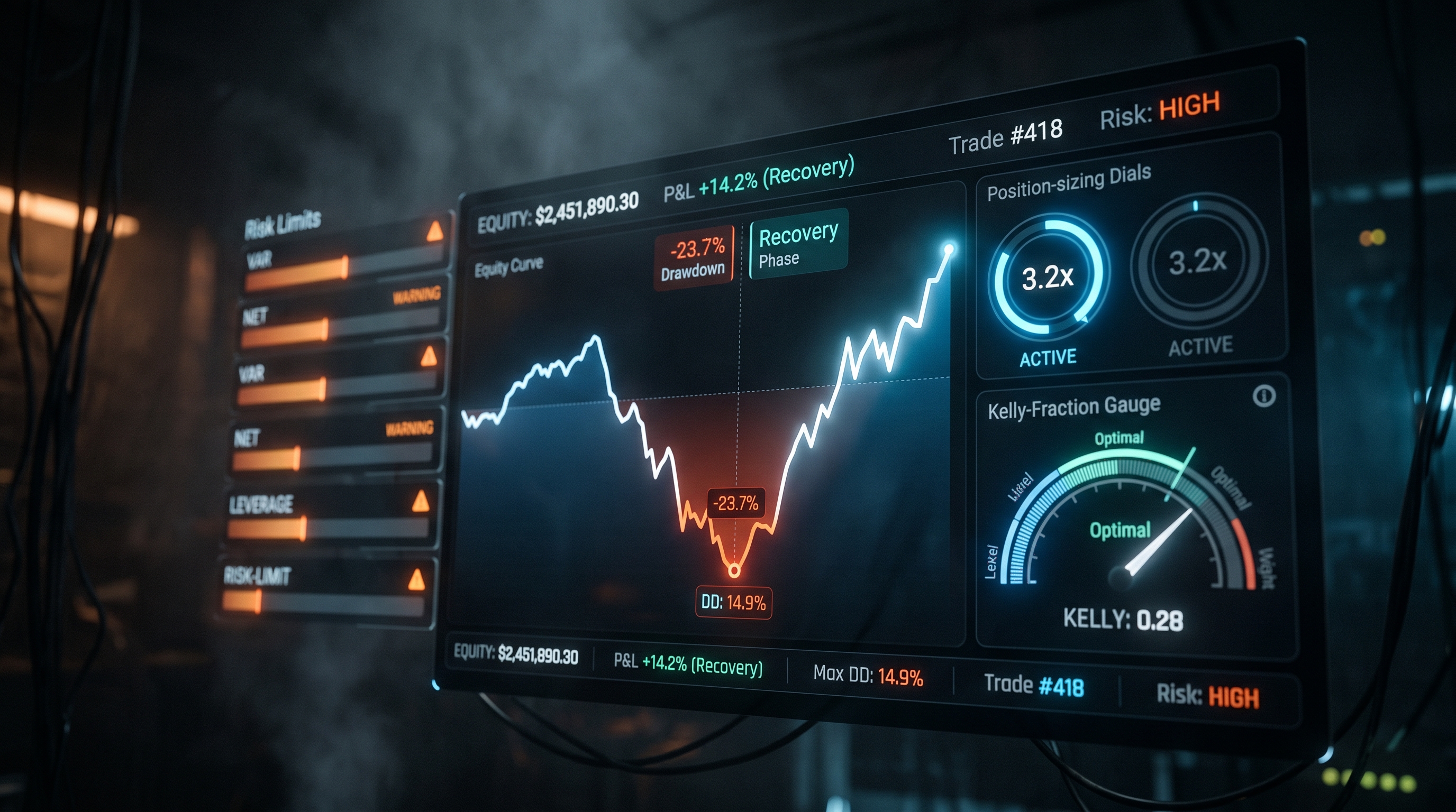 Editorial illustration of a trader's risk dashboard showing position-sizing gauges and a falling-then-recovering bankroll curve glowing in electric blue against a dark background
