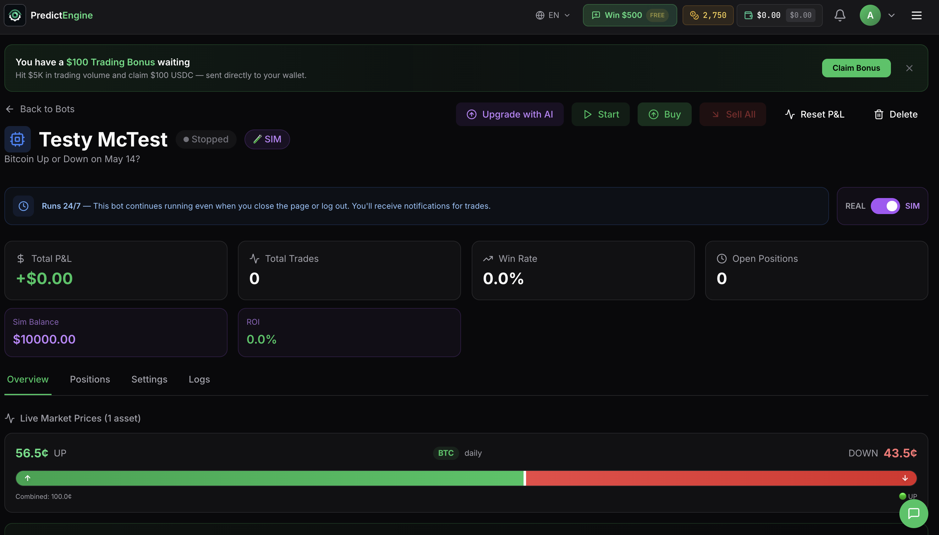 PredictEngine bot detail page showing hosted bot controls and market prices