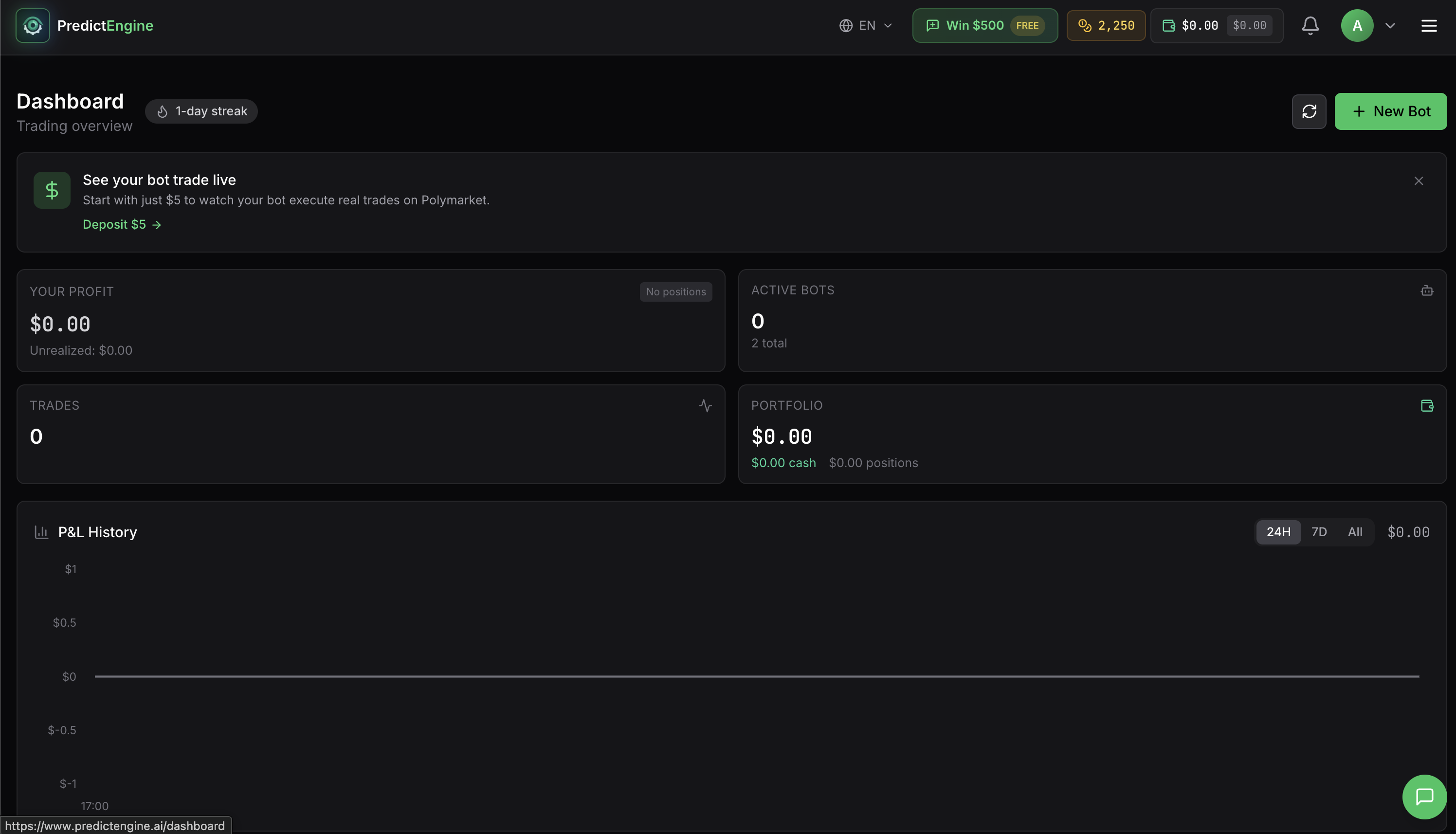 PredictEngine dashboard showing hosted bot controls and portfolio stats