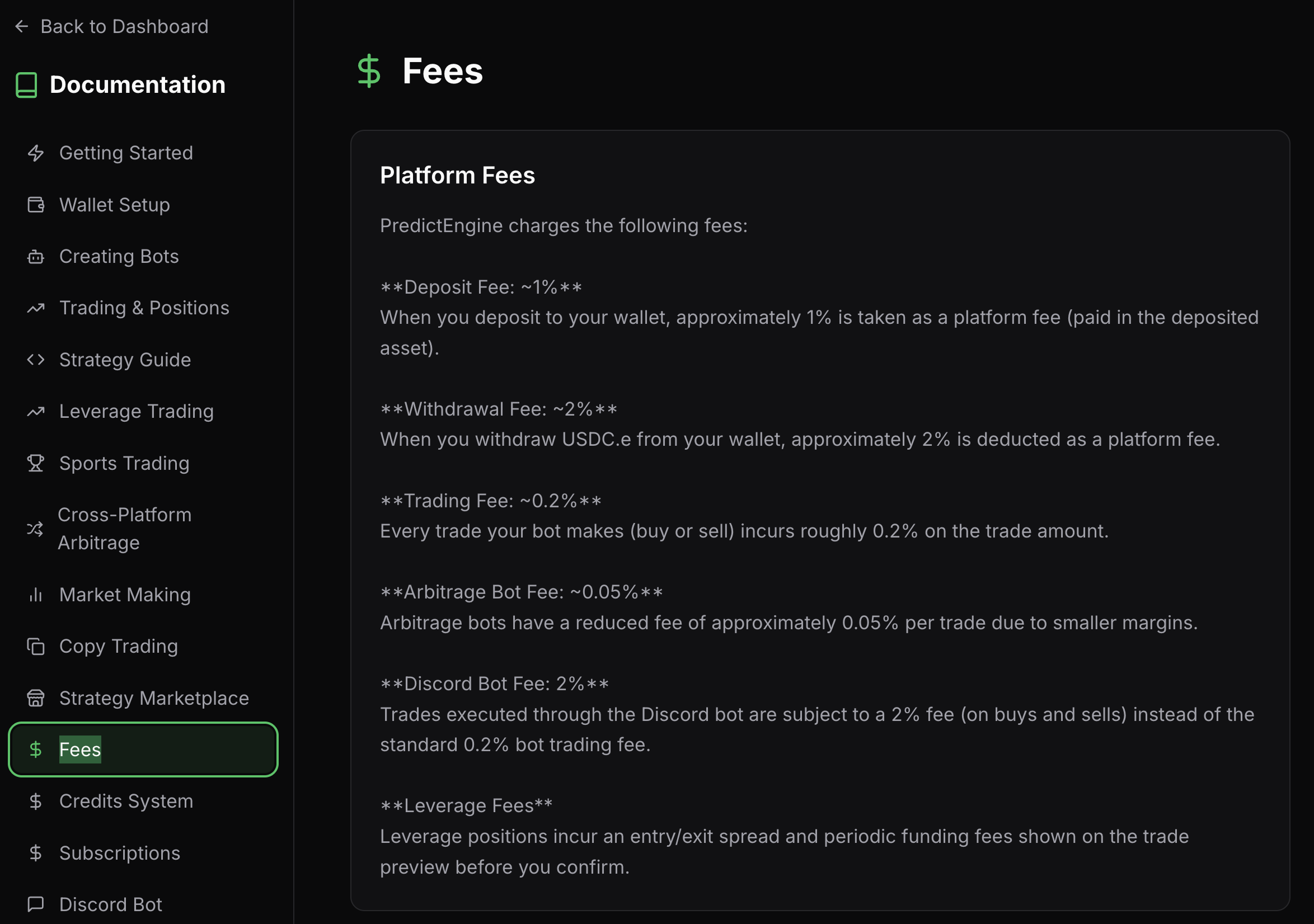 PredictEngine terms screenshot showing platform fee descriptions