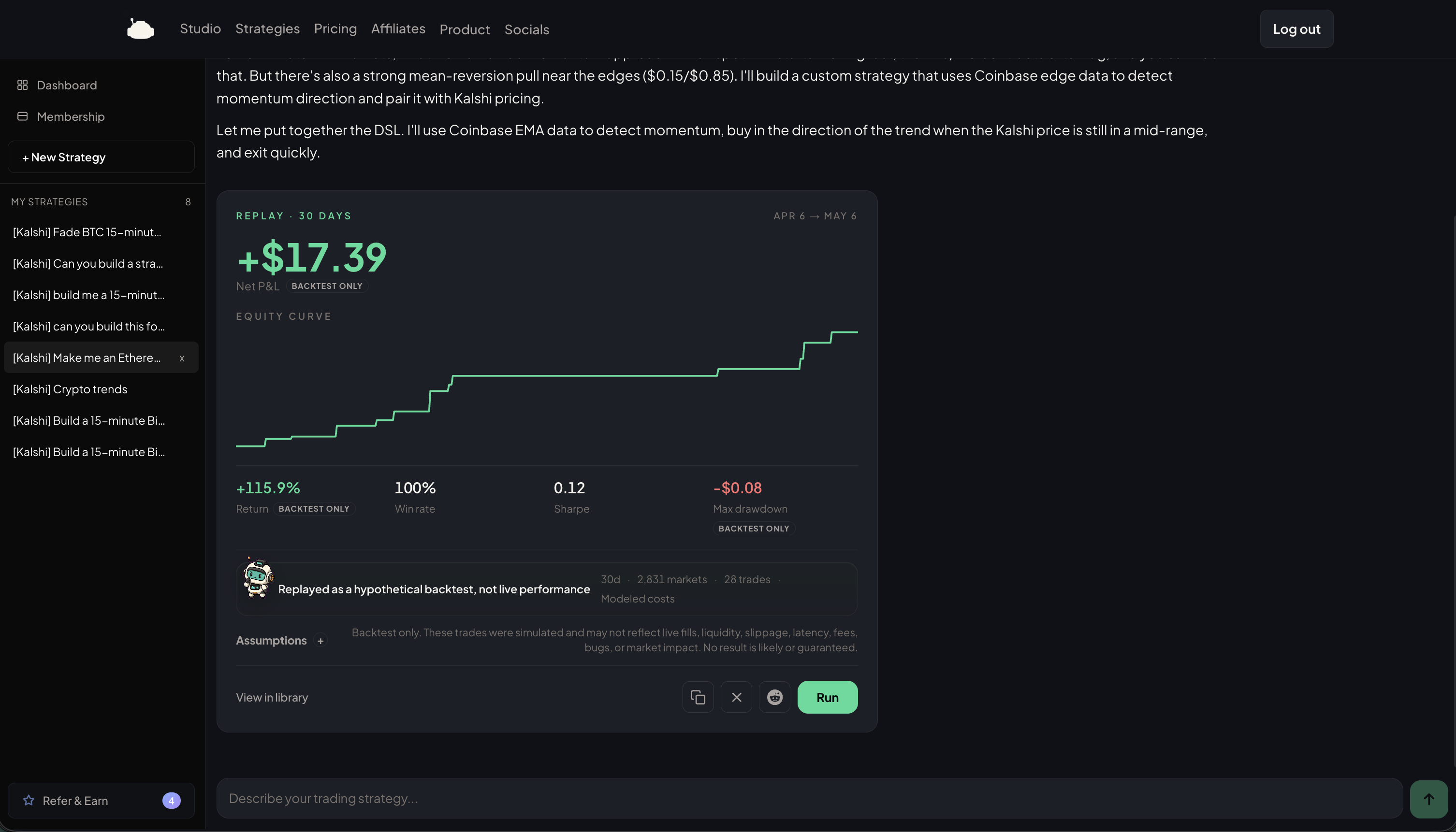 TurbineFi product screenshot showing strategy creation and backtesting