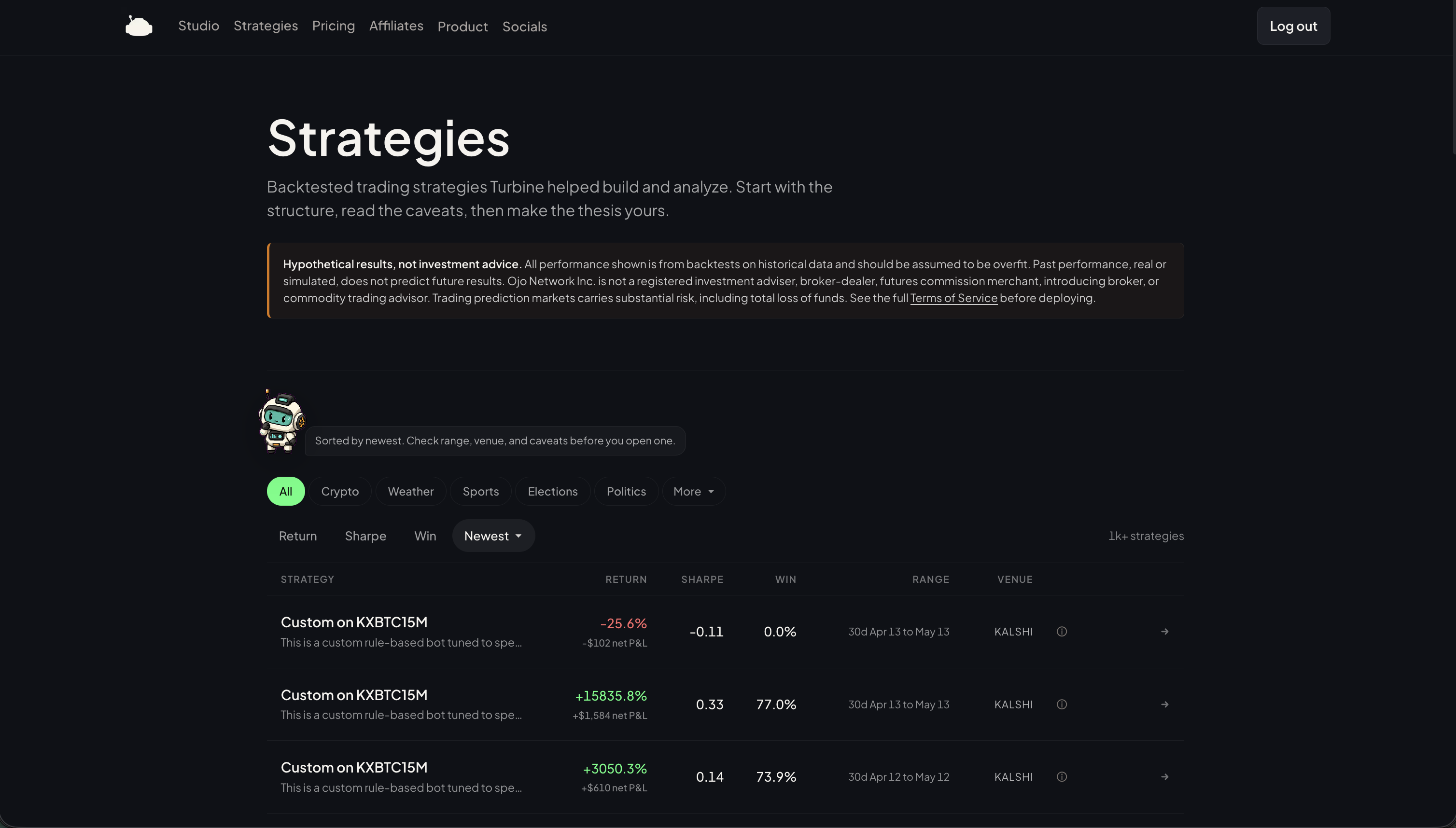 TurbineFi product screenshot showing public strategy examples