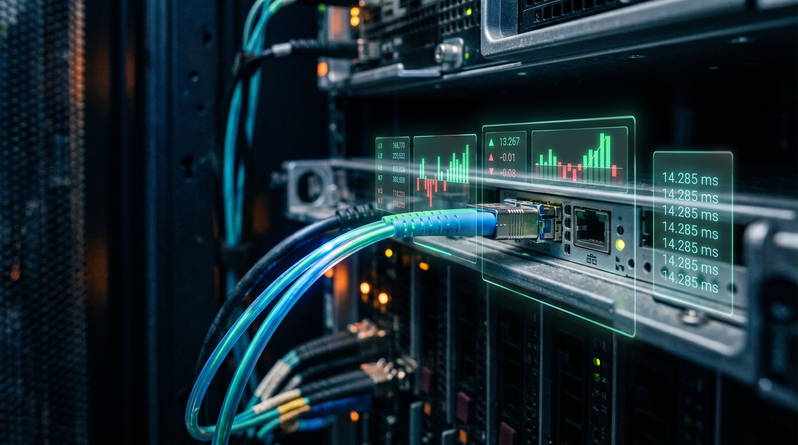 A wall of trading monitors showing colocated server racks, fiber optic cables glowing with data flow, and prediction market orderbooks updating in real time — illustrating the millisecond-scale infrastructure behind prediction market arbitrage bots