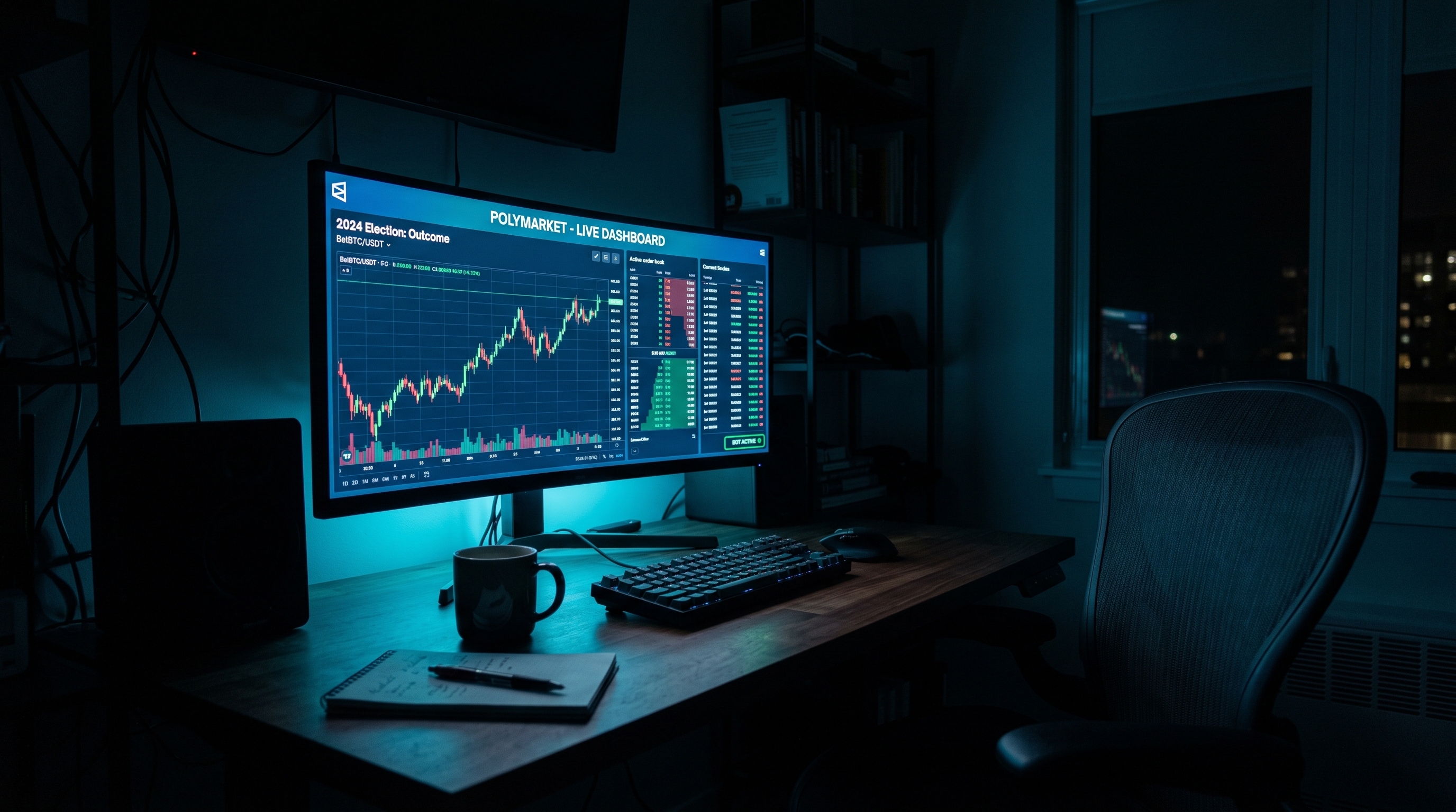 Editorial photo of a dark, empty home office at night with a single glowing monitor showing a live trading dashboard while the desk chair sits empty, illustrating a prediction market bot trading unattended