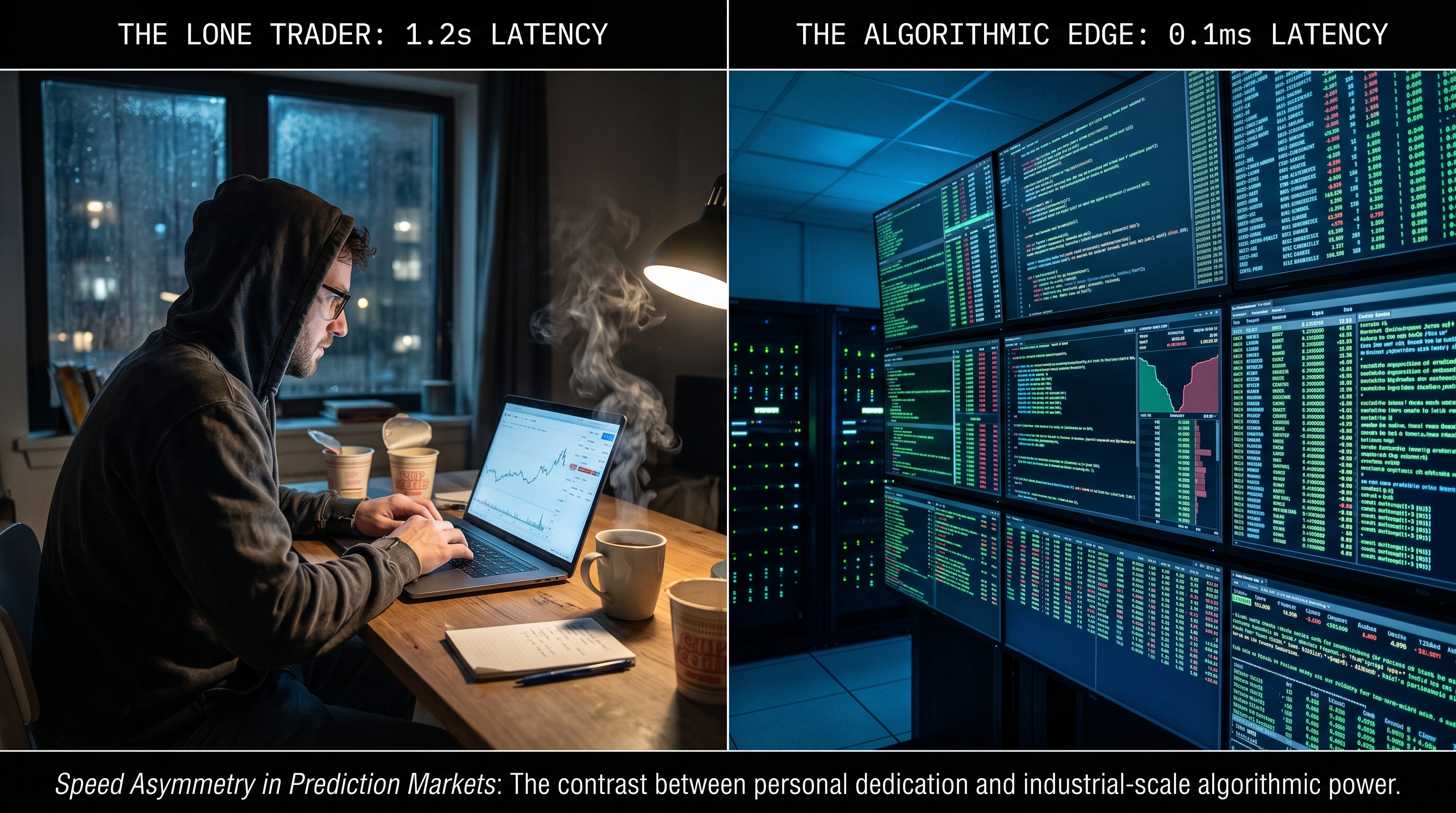 Split-screen editorial photo: a single human trader at one screen on the left vs a wall of streaming monitors and code on the right, illustrating the speed gap in prediction market trading